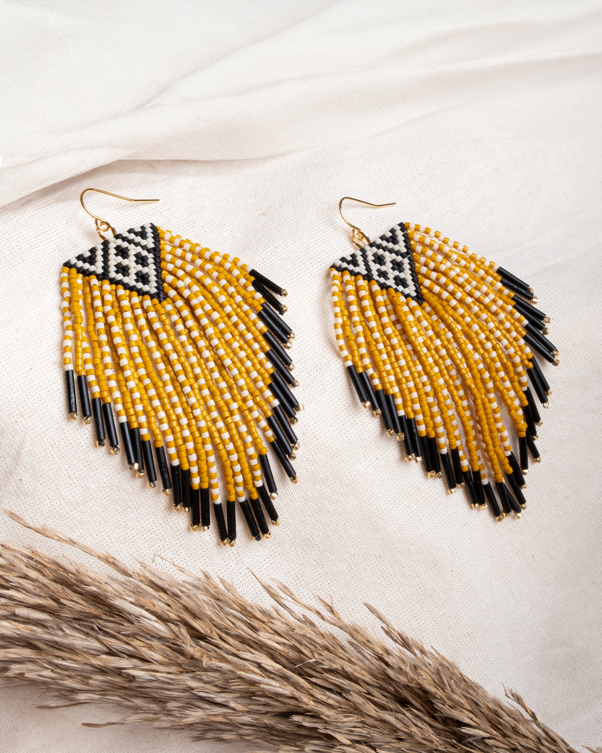 Beaded Handwoven Sonoran Triangle Fringe Earrings - Mustard