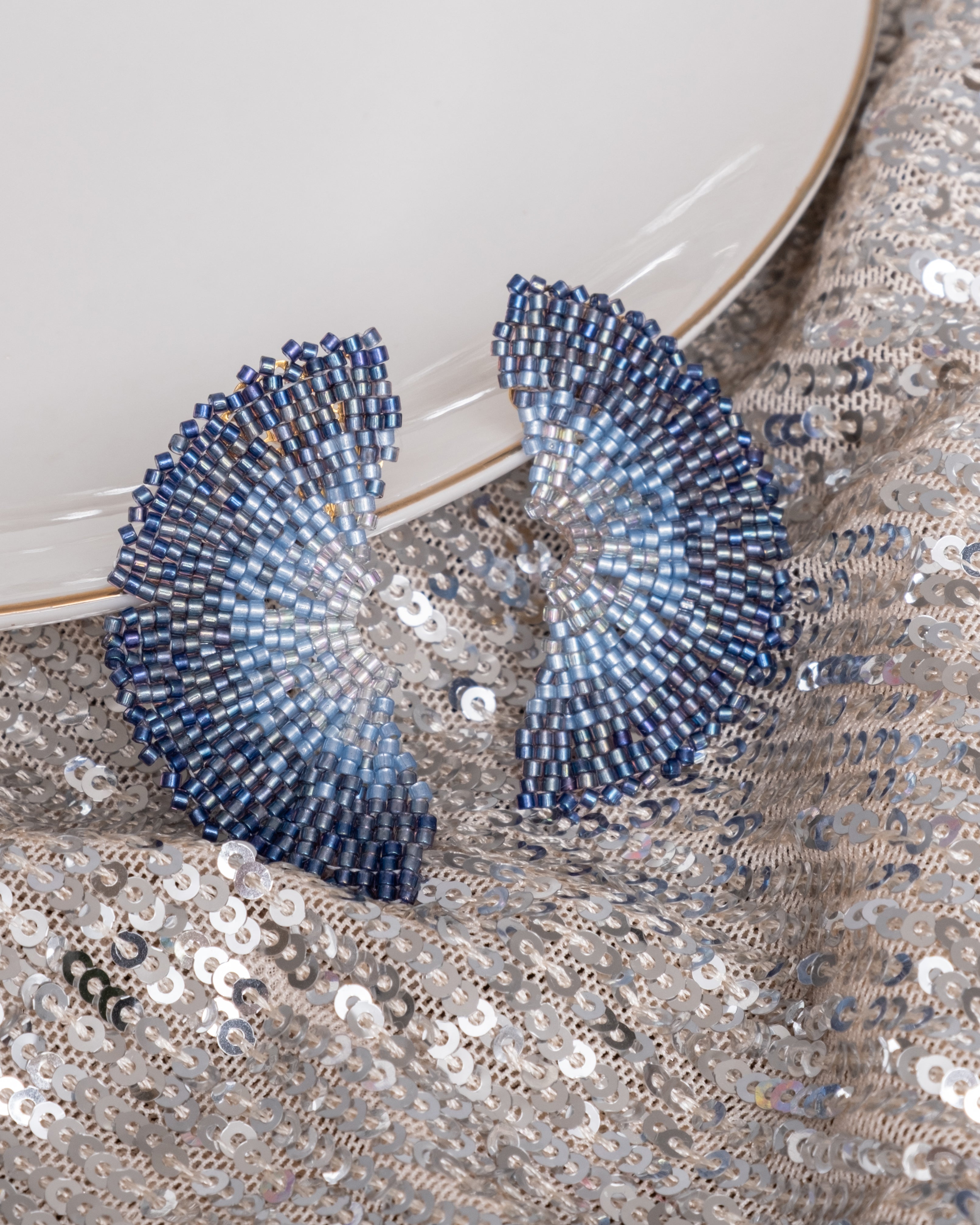 Handwoven Beaded Ginkgo Leaf Stud Earrings - Blue
