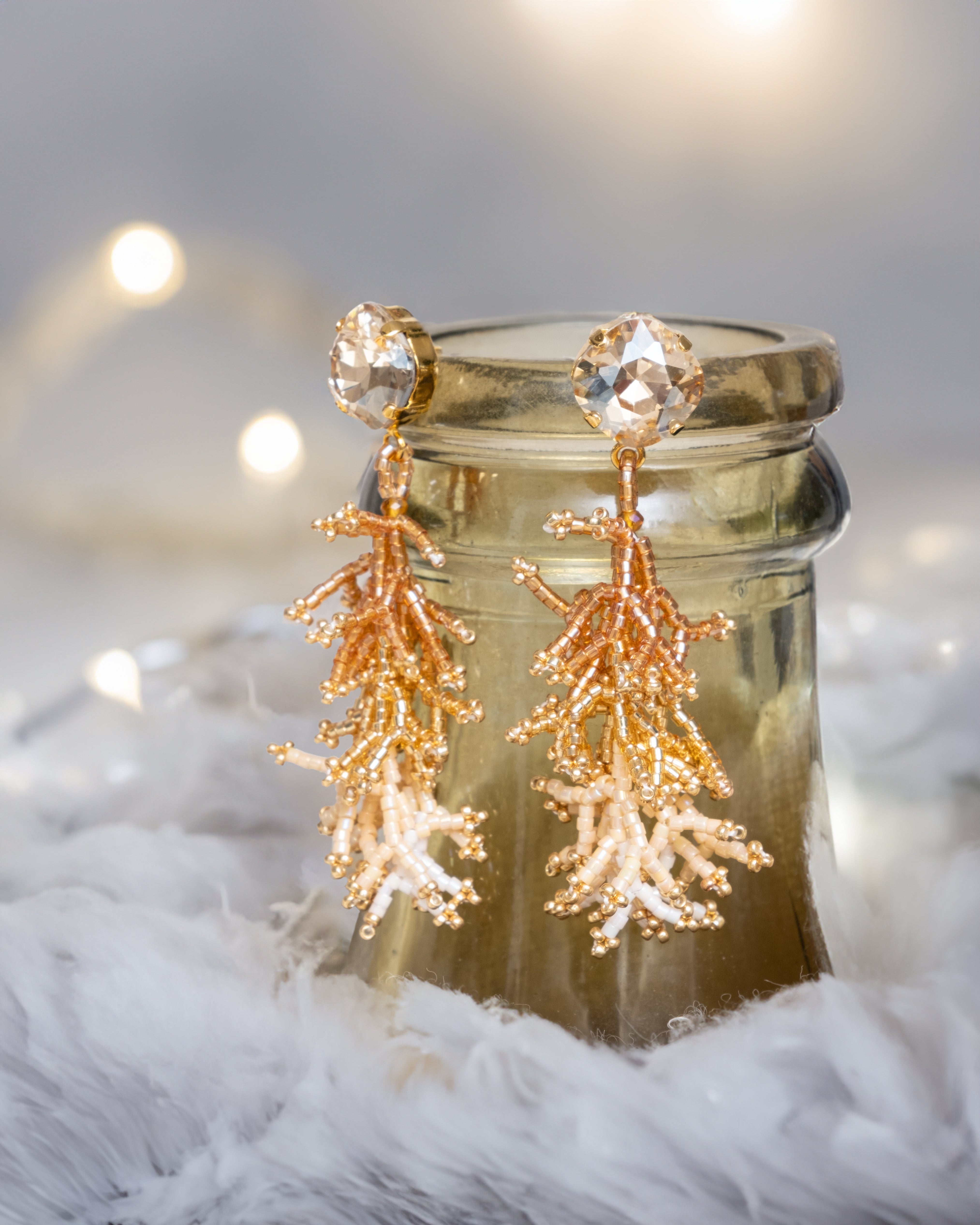 Handwoven Beaded Coral Fringe Earrings- White