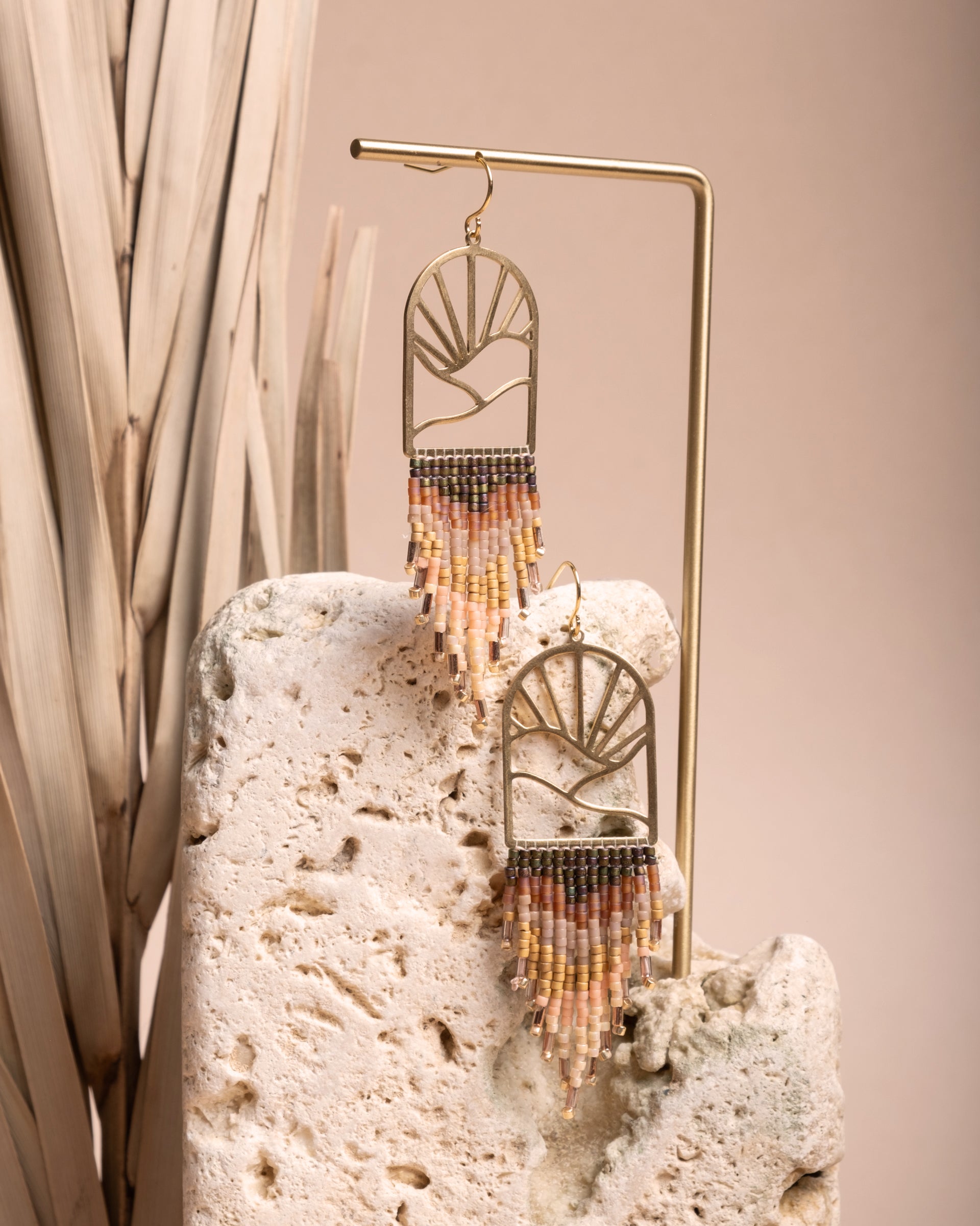 Beaded Handwoven Sedona Fringe Earrings - Beige/Brown