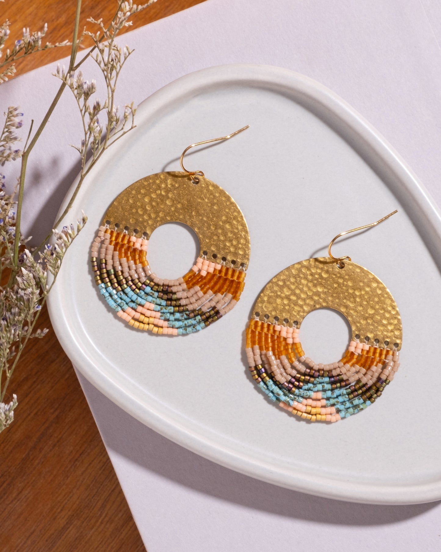 Beaded Handwoven Organic Circular Fringe Earrings