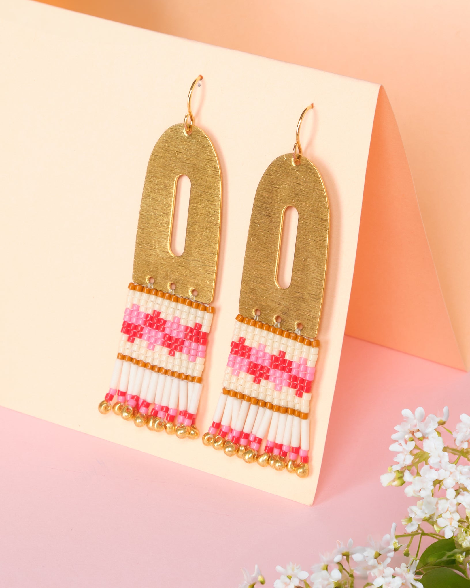 Beaded Handwoven Color Block Earrings - Pink/Red