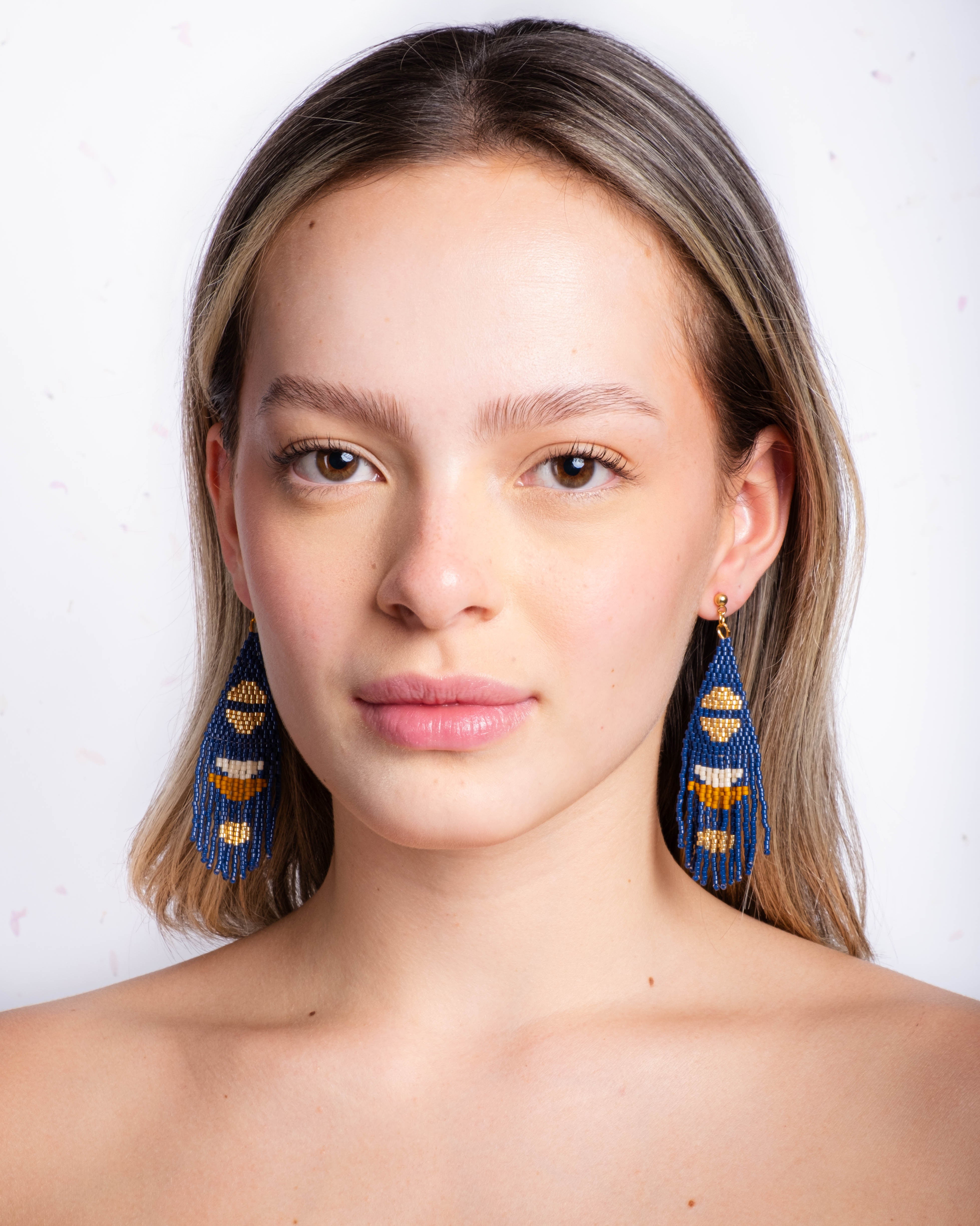 Beaded Handwoven Boho Half Moon Fringe Earrings - Black
