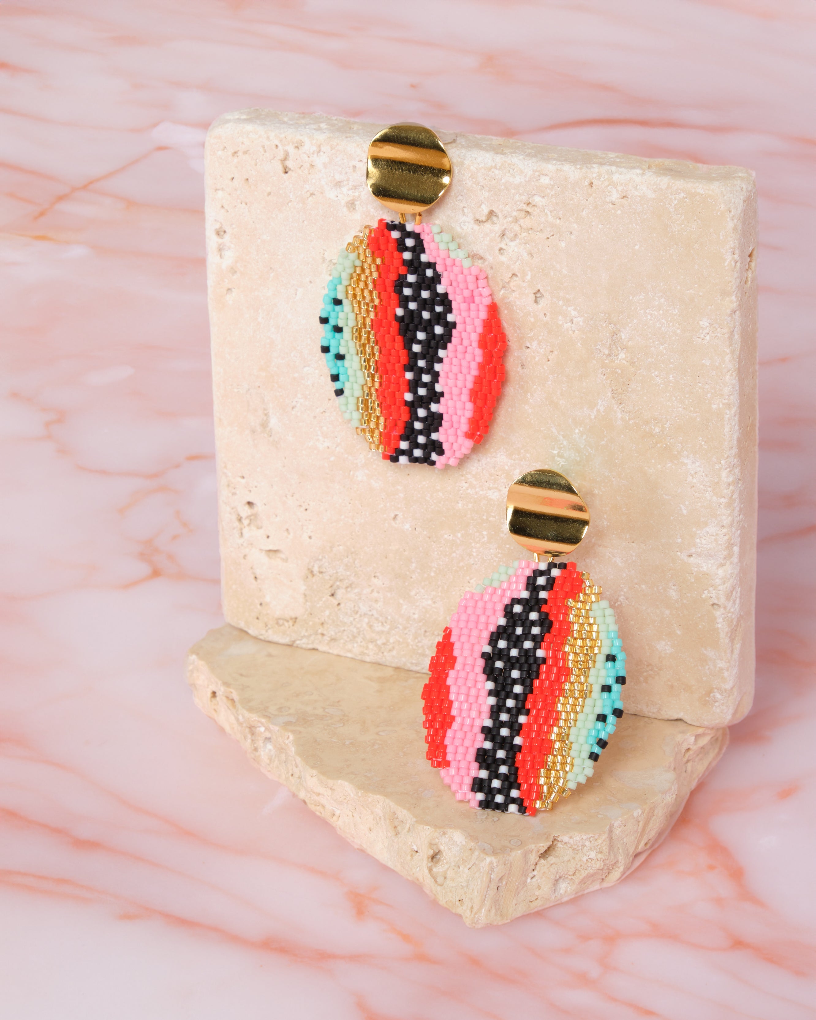 Beaded Handwoven Organic Oval Drop Earrings - Red