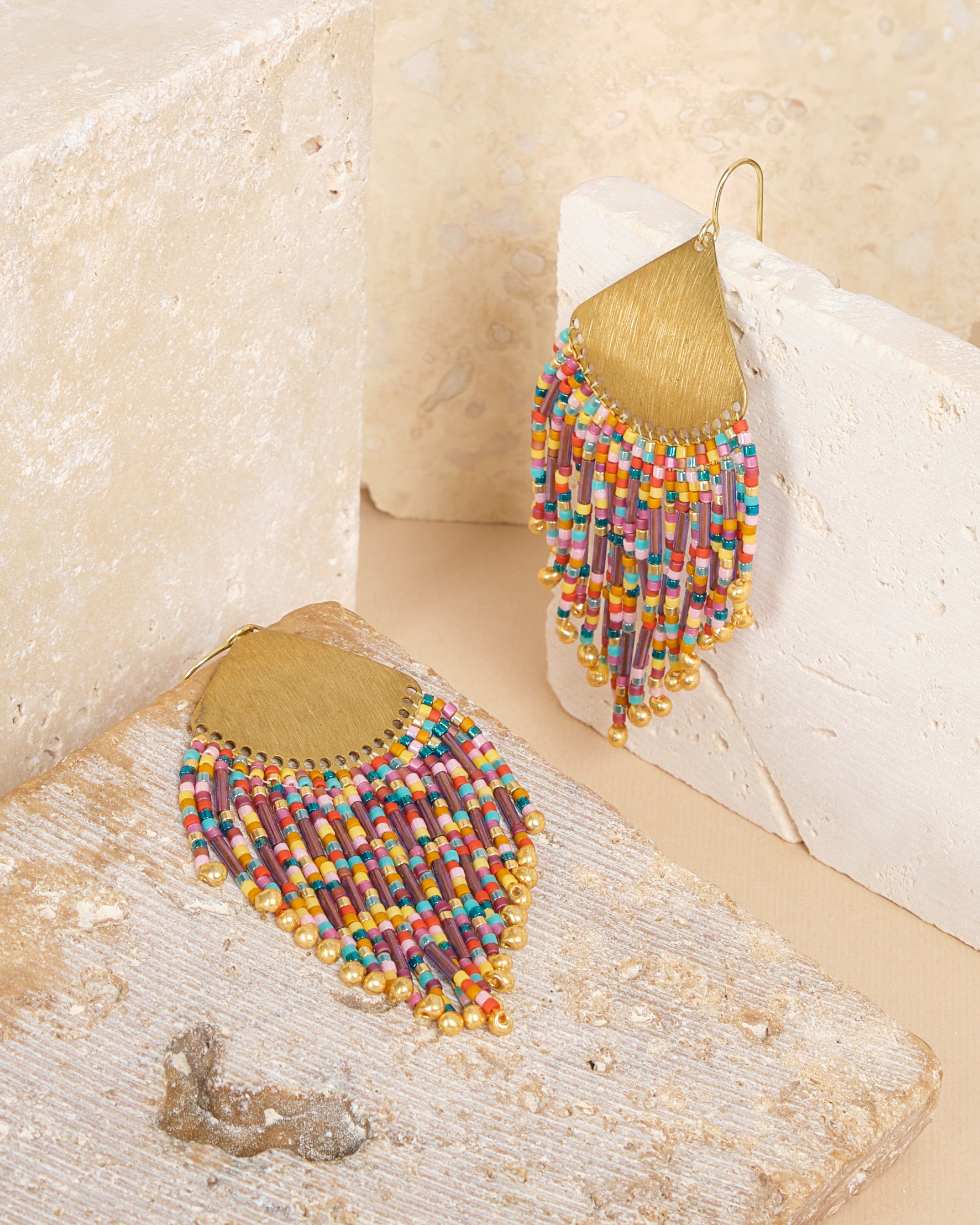 Beaded Handwoven Confetti Fringe Earrings - Rust/Purple
