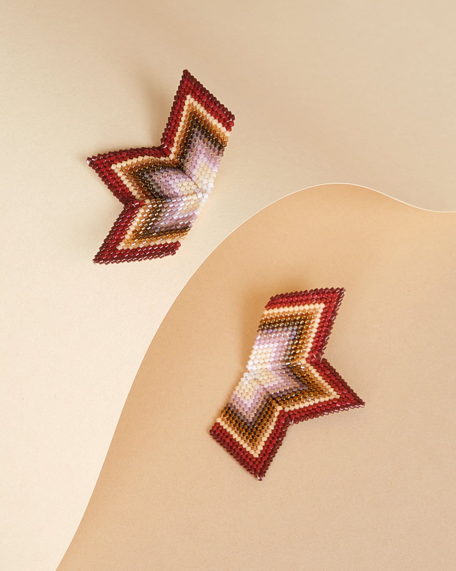 Beaded Handwoven Large Half Star Earrings - Brown/Cream