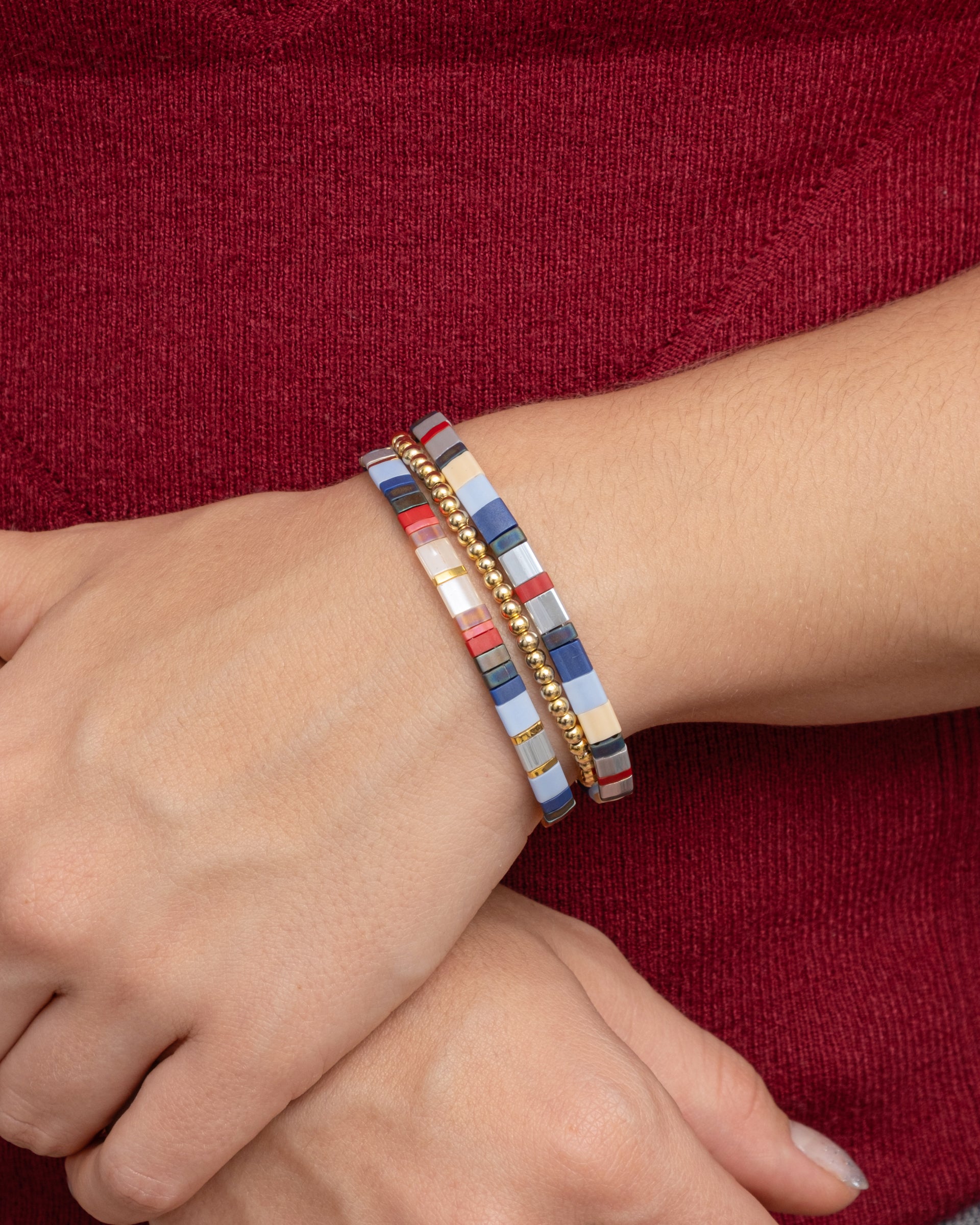 Miyuki Stretch Tila Bracelet Set of 3 - Blue/Red