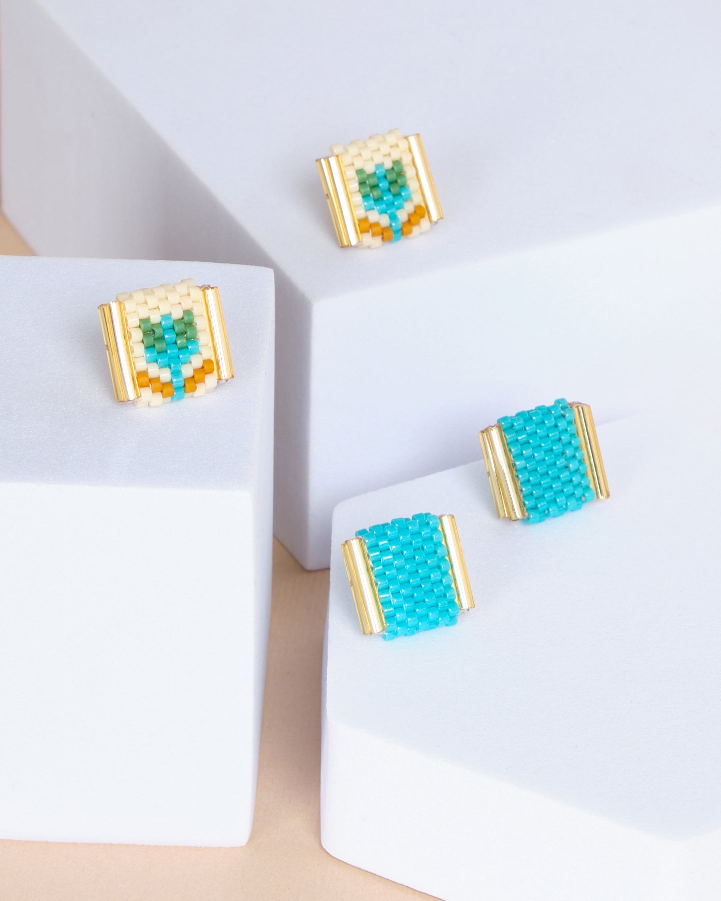 Beaded Handwoven Tulip Stud Packs - Cream/Aqua