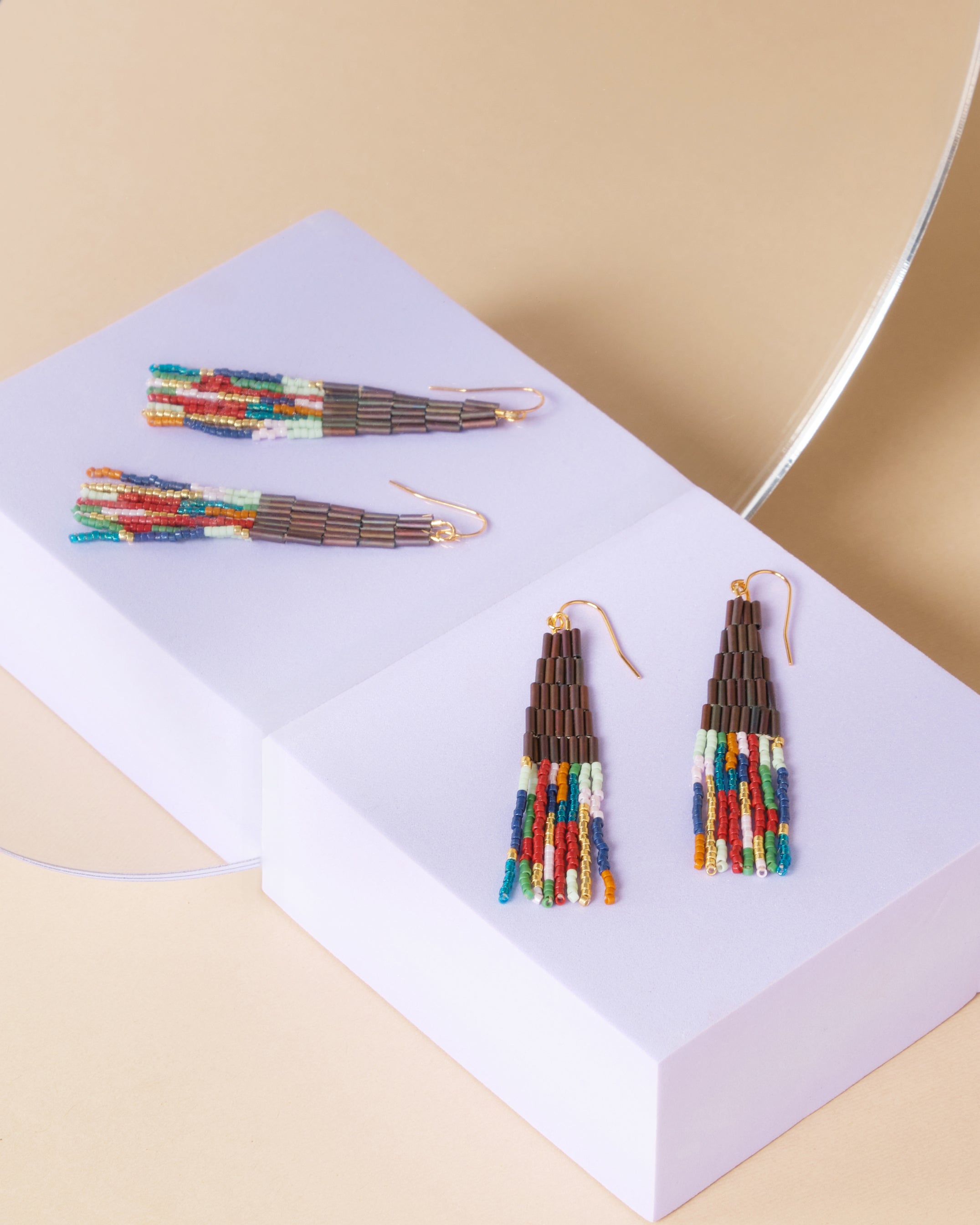 Beaded Handwoven Abstract Linear and Tube Earrings - Brown