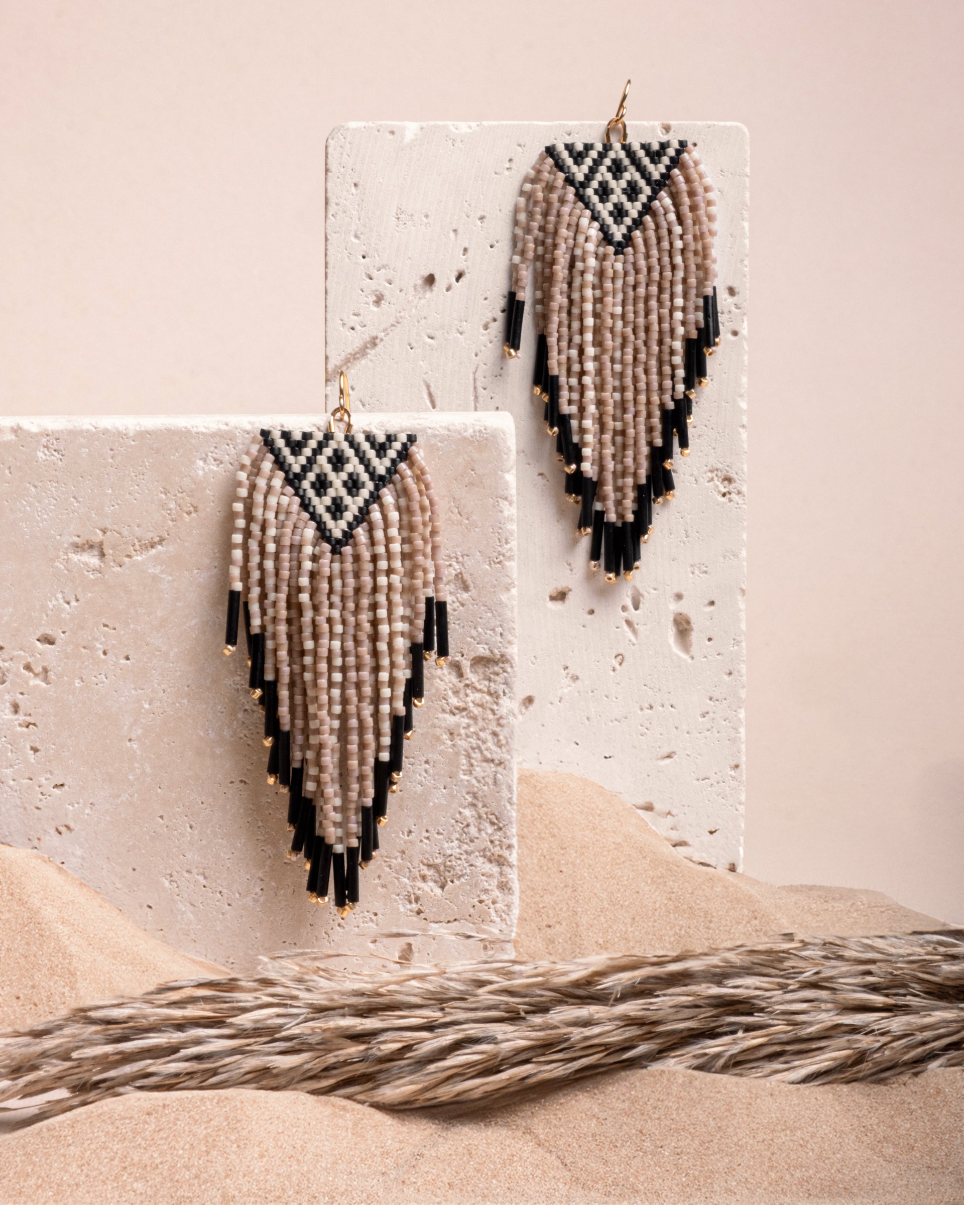 Beaded Handwoven Sonoran Triangle Fringe Earrings - Beige