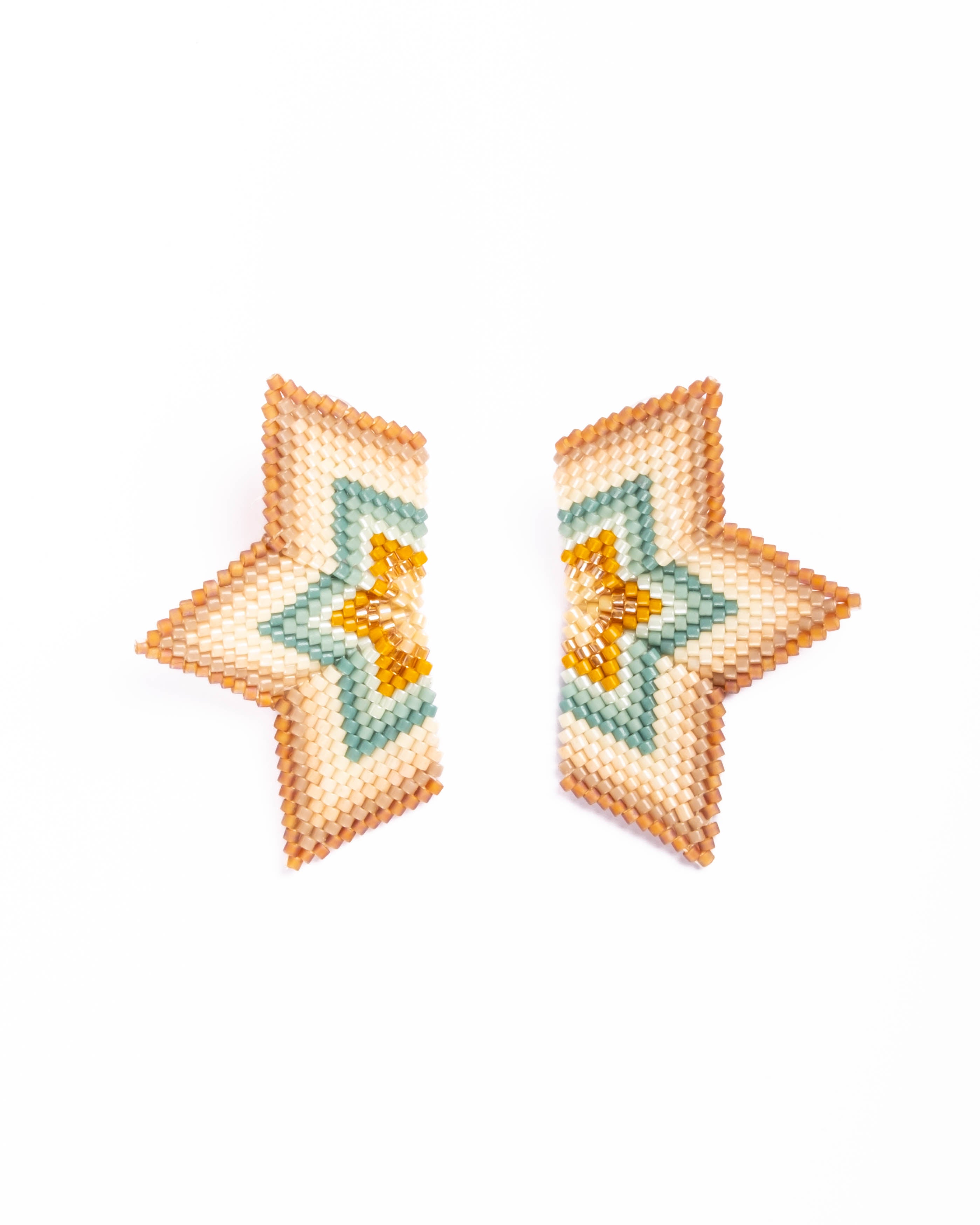 Beaded Handwoven Medium Half Star Earrings - Cream/Aqua