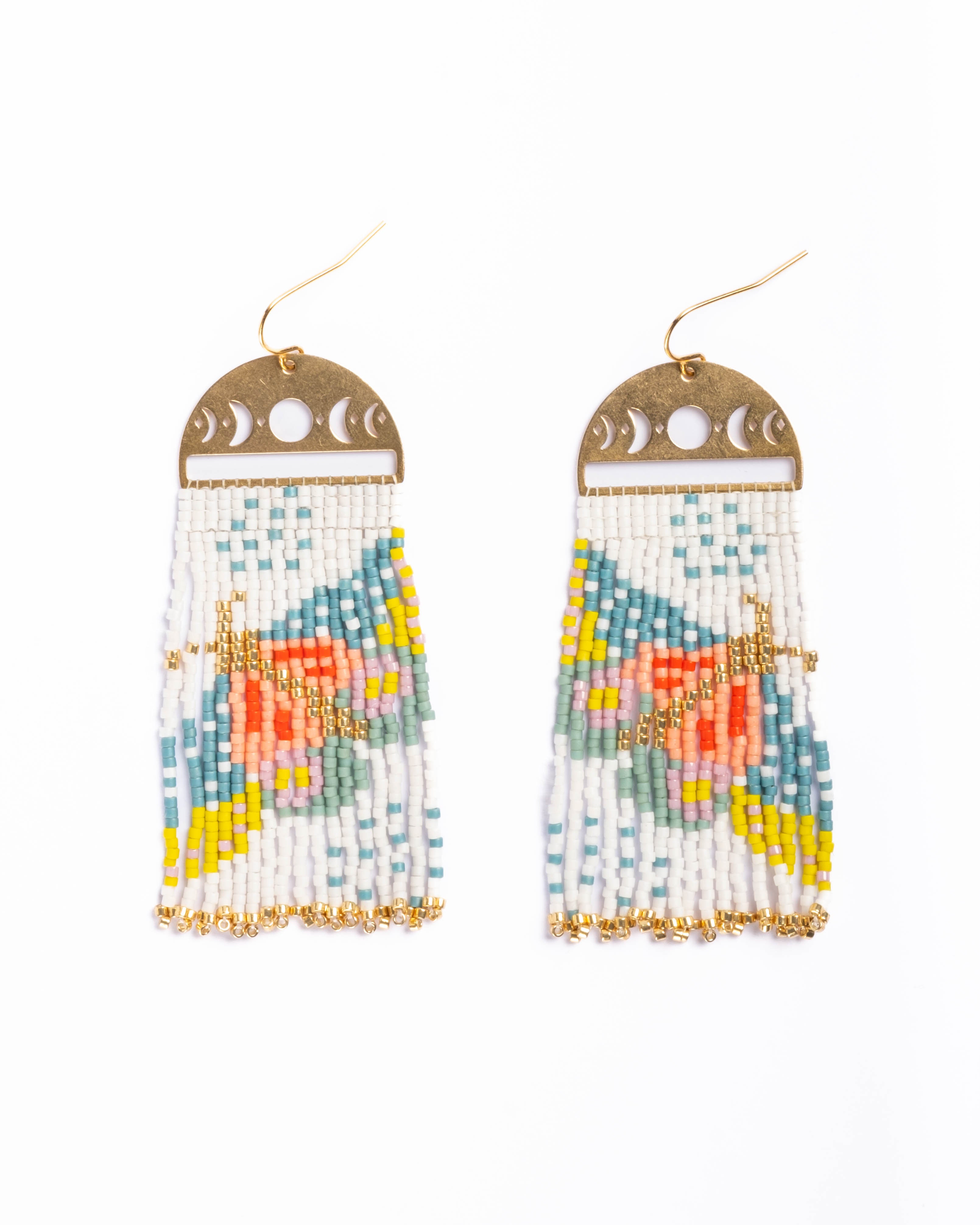 Handwoven Beaded Moonlit Moth Fringe Earrings - White
