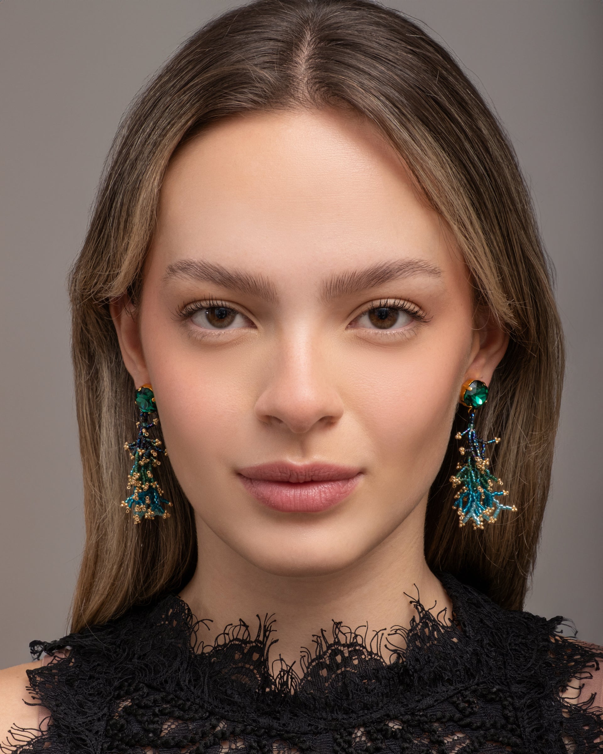 Handwoven Beaded Coral Fringe Earrings - Green