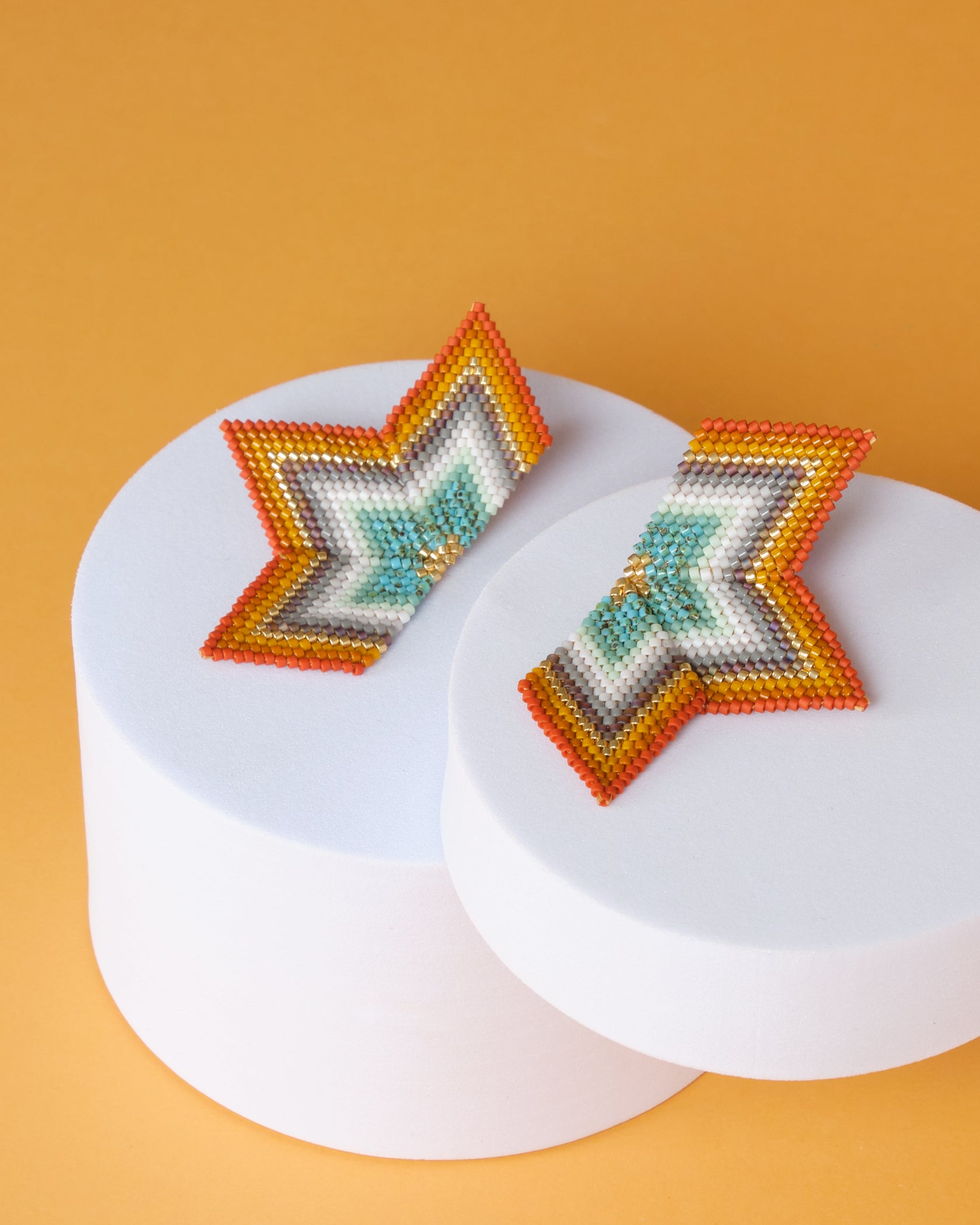 Beaded Handwoven Large Half Star Earrings - Rust/Turquoise