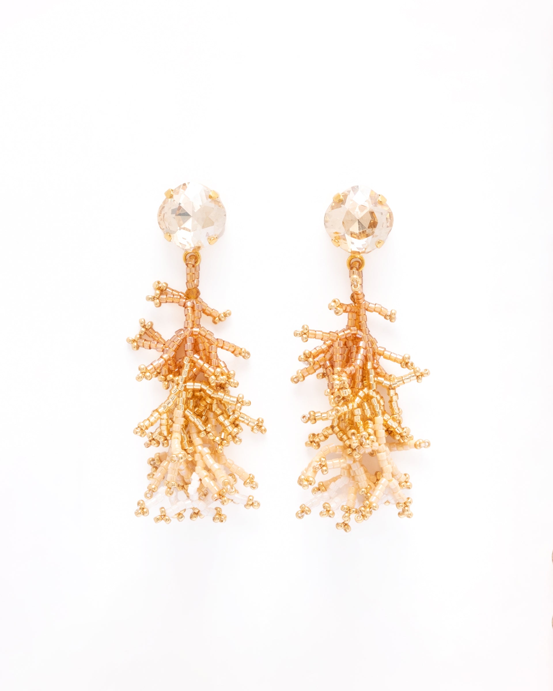 Handwoven Beaded Coral Fringe Earrings- White