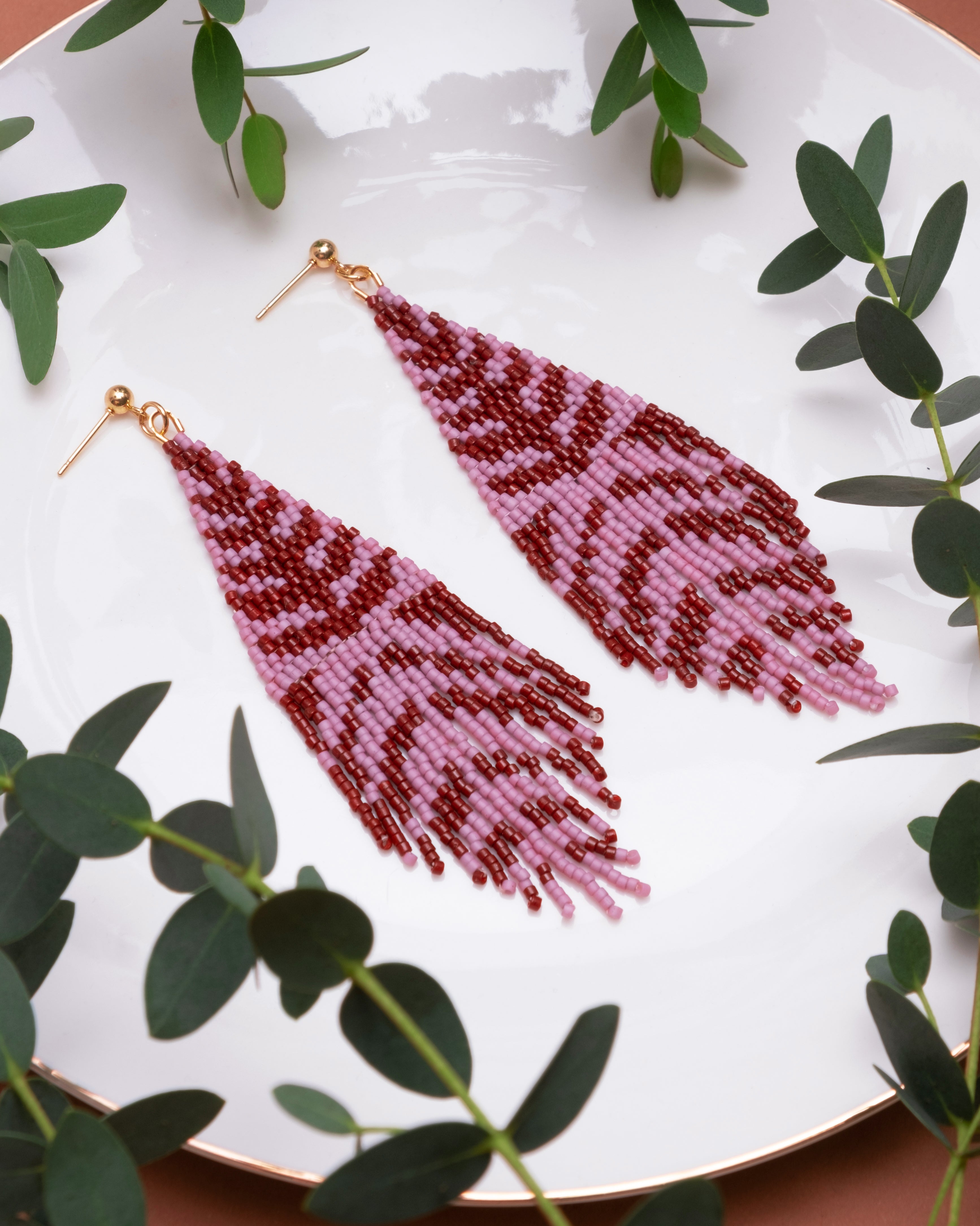Beaded Handwoven Vine Fringe Earrings - Wine/Lilac
