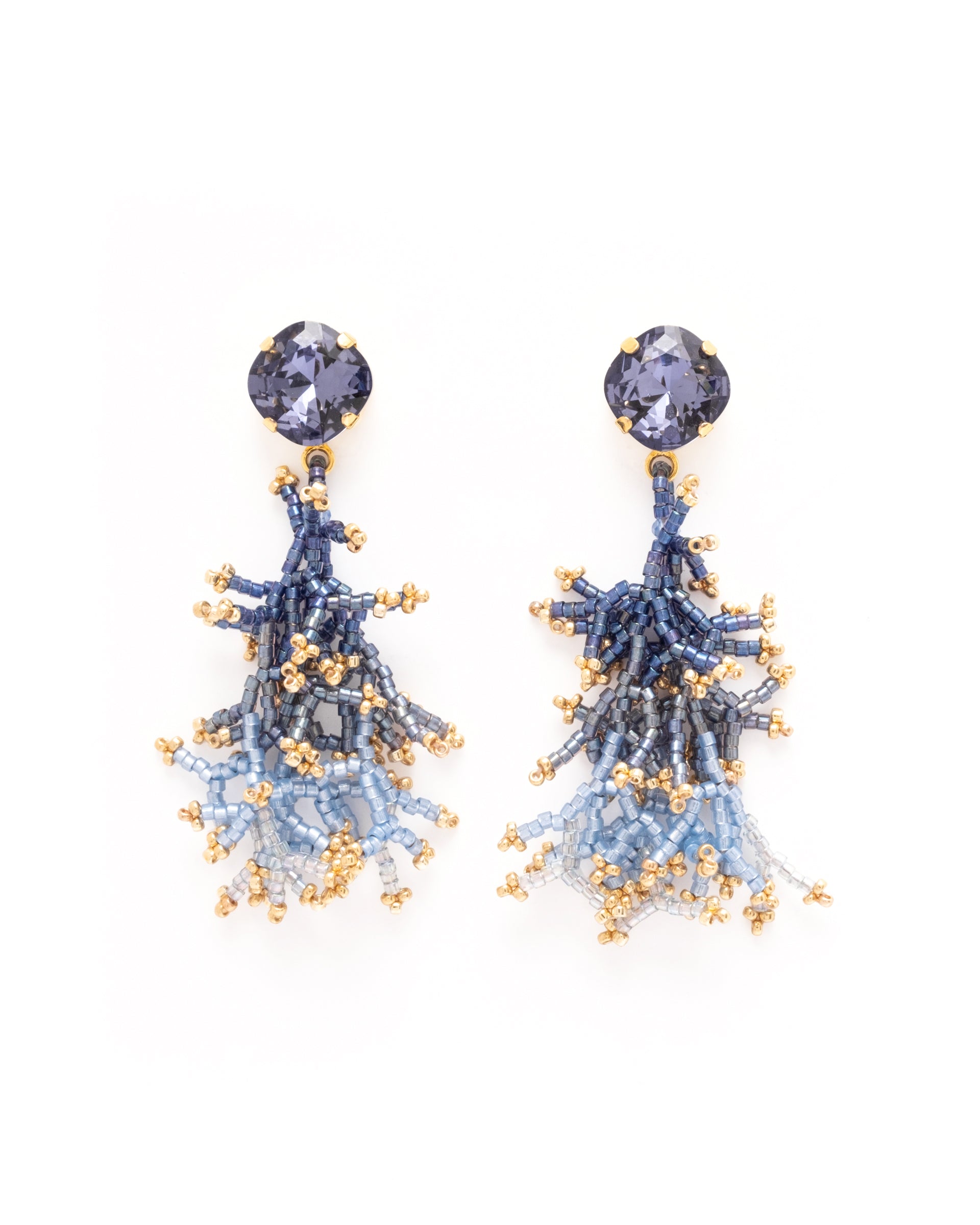 Handwoven Beaded Coral Fringe Earrings - Blue
