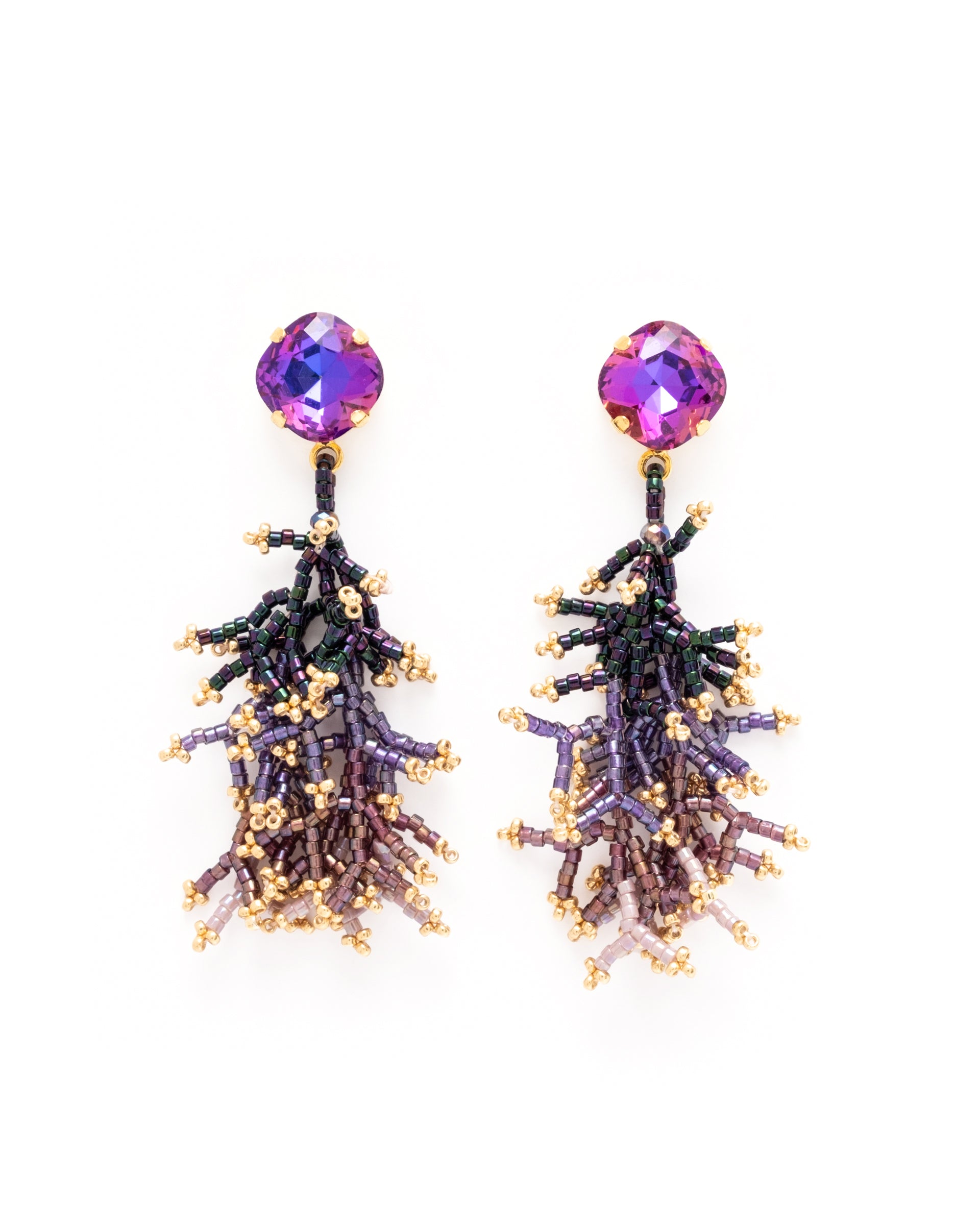 Handwoven Beaded Coral Fringe Earrings - Purple