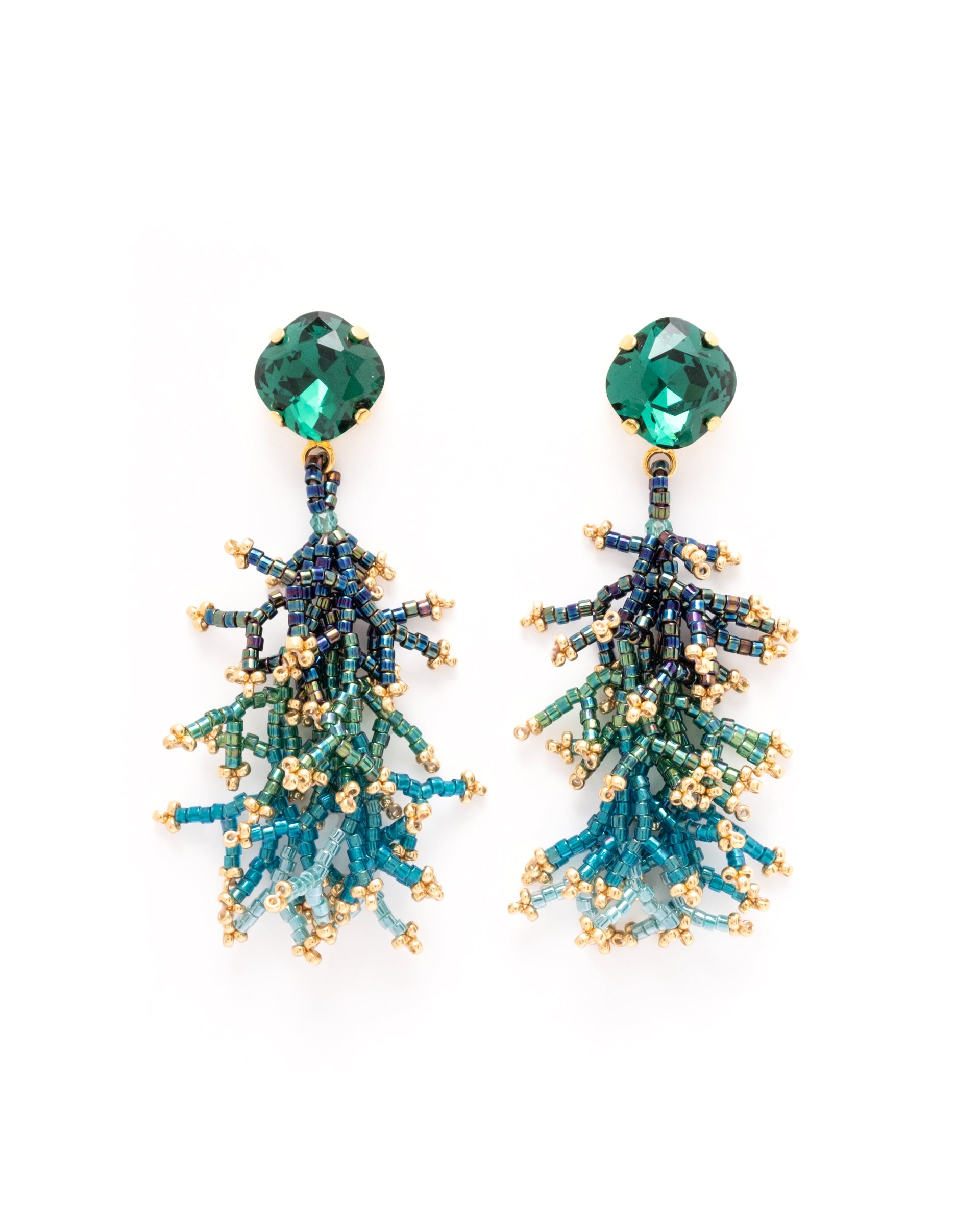 Handwoven Beaded Coral Fringe Earrings - Green