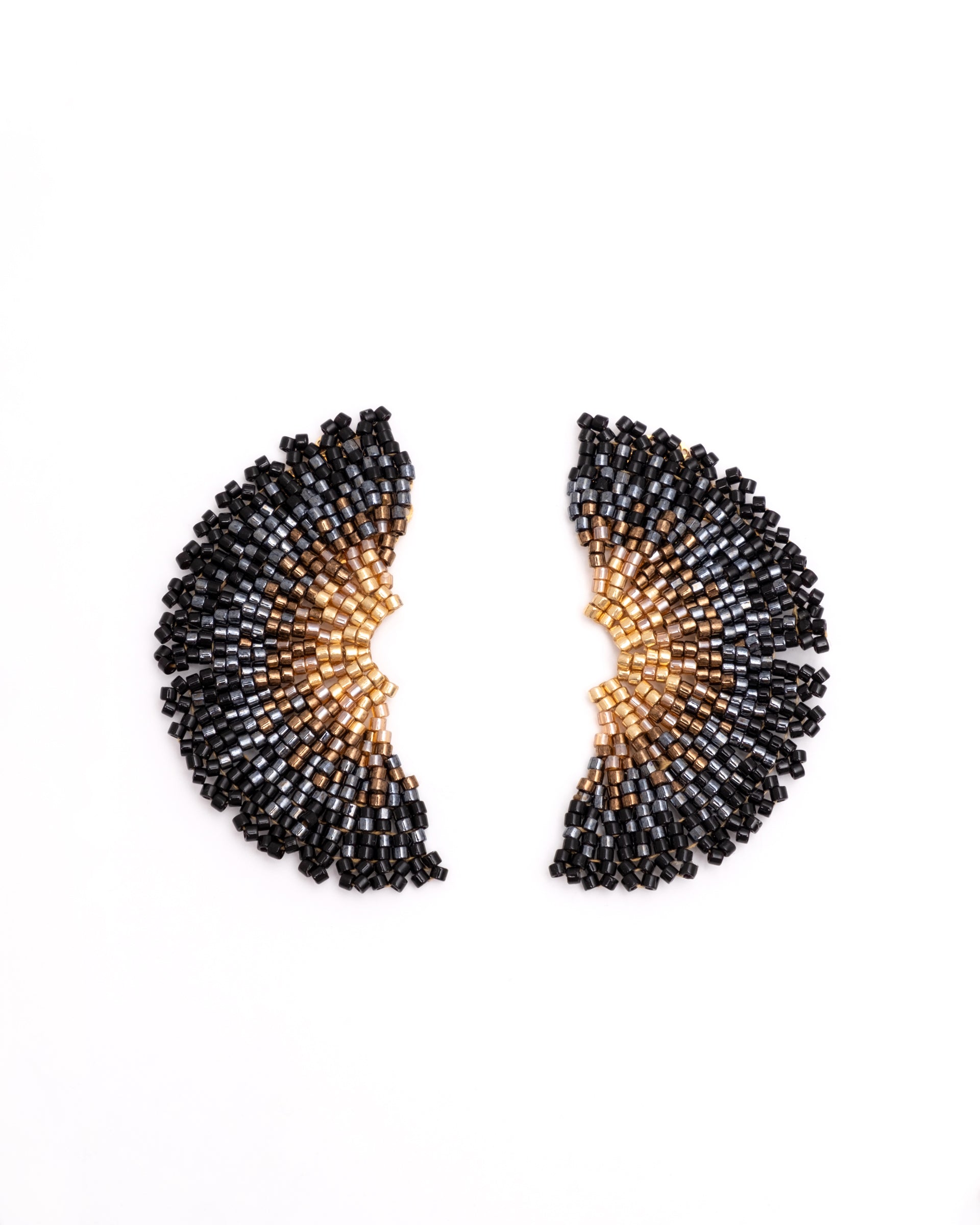 Handwoven Beaded Ginkgo Leaf Stud Earrings - Black