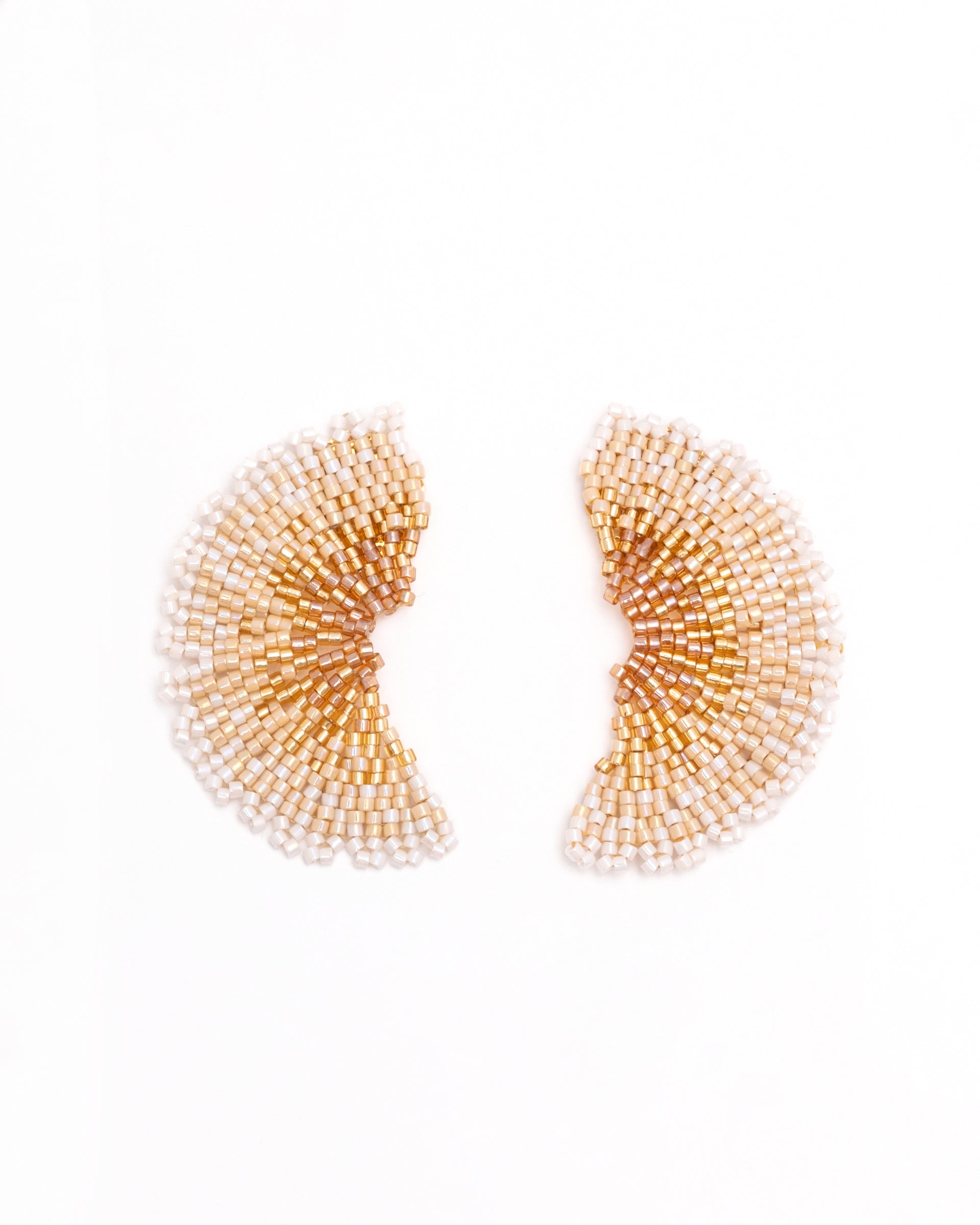 Handwoven Beaded Ginkgo Leaf Stud Earrings - White