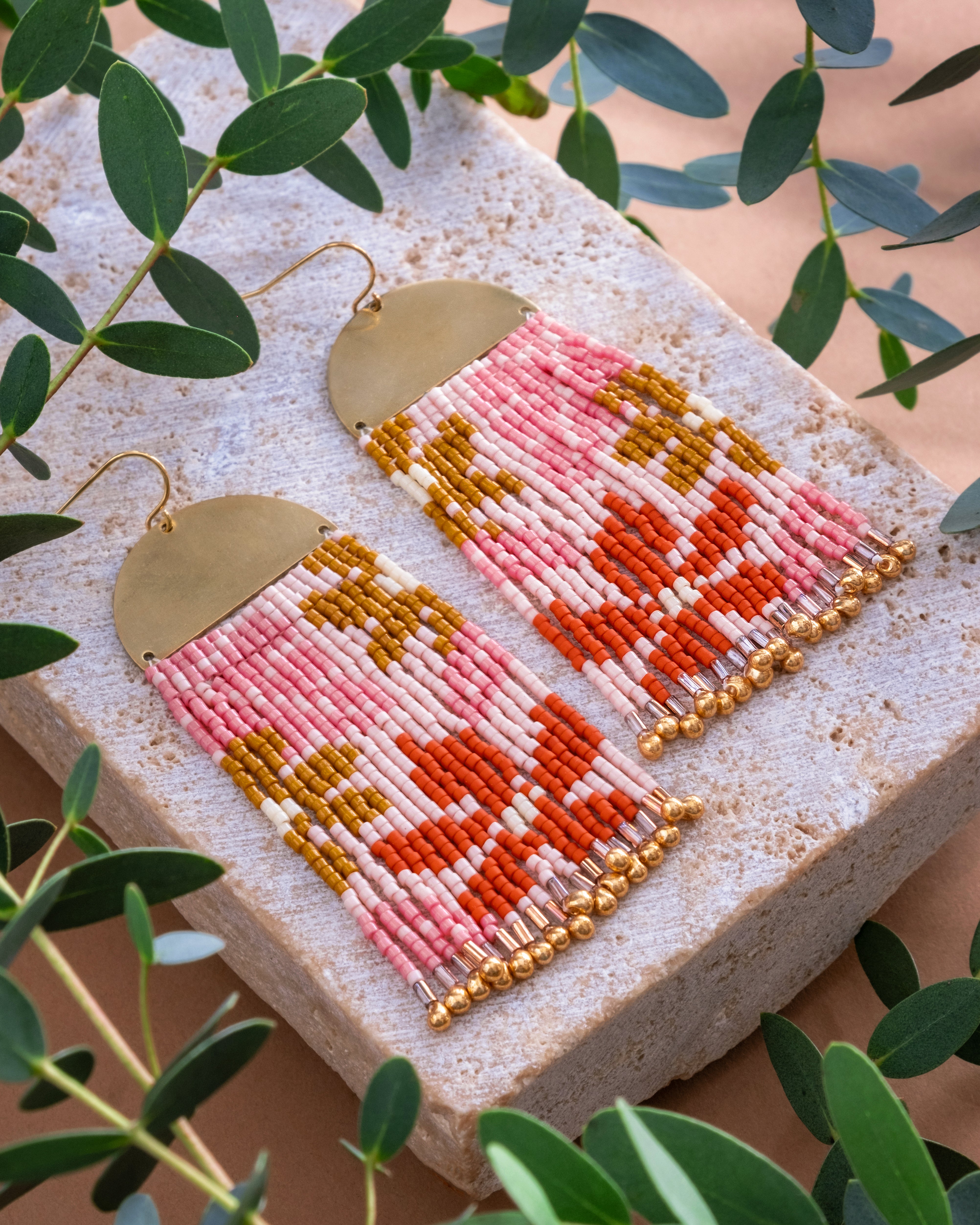 Beaded Handwoven Tropical Fringe Earrings - Pink/Mustard
