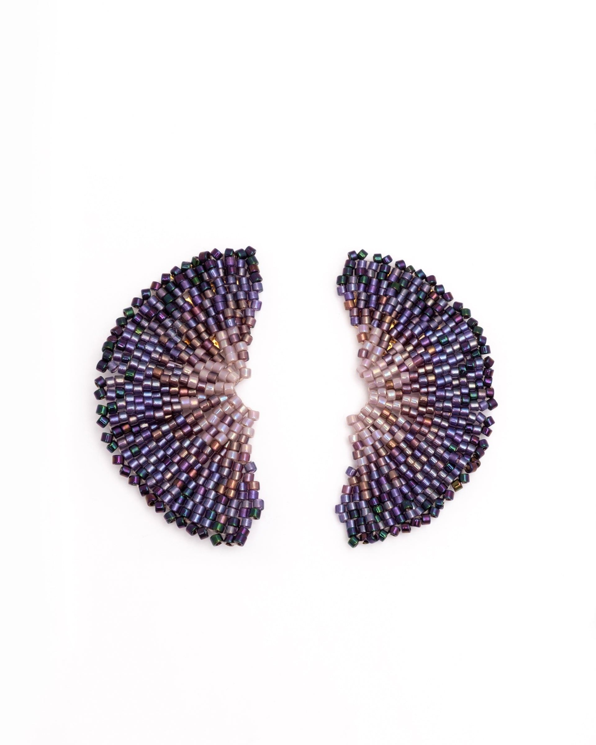 Handwoven Beaded Ginkgo Leaf Stud Earrings - Purple