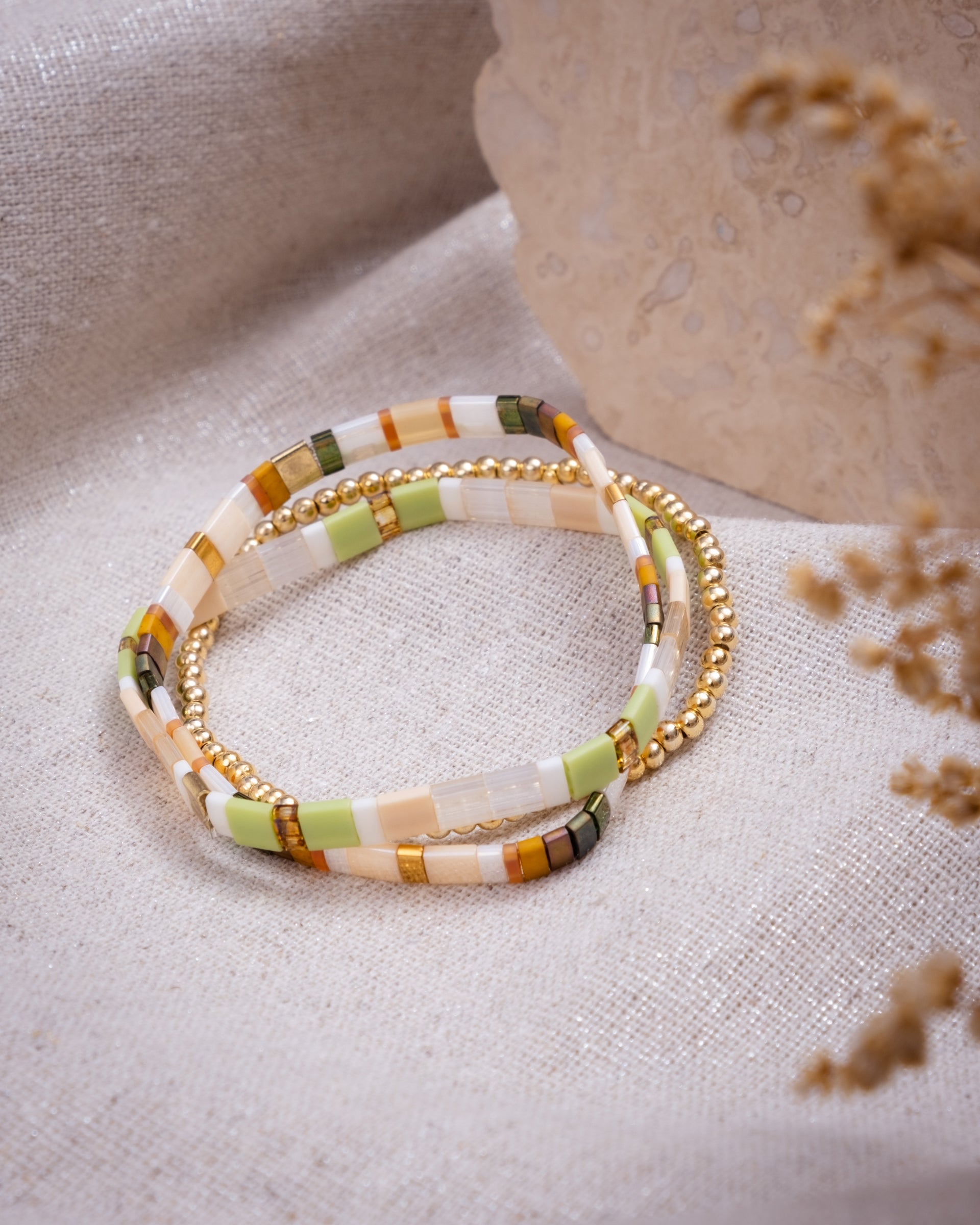 Miyuki Stretch Tila Bracelet Set of 3 - Cream/Citron