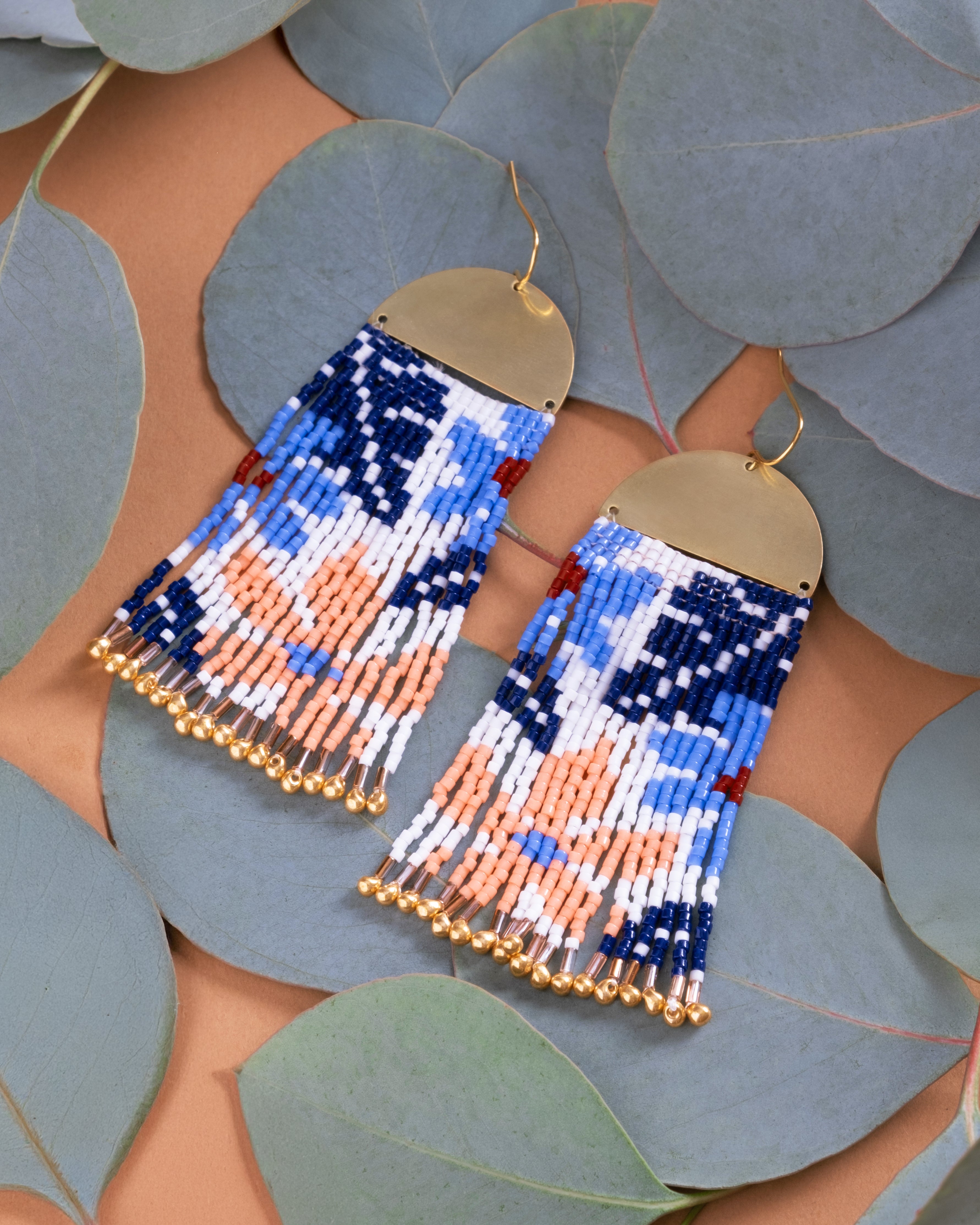 Beaded Handwoven Tropical Fringe Earrings - Blue/Peach