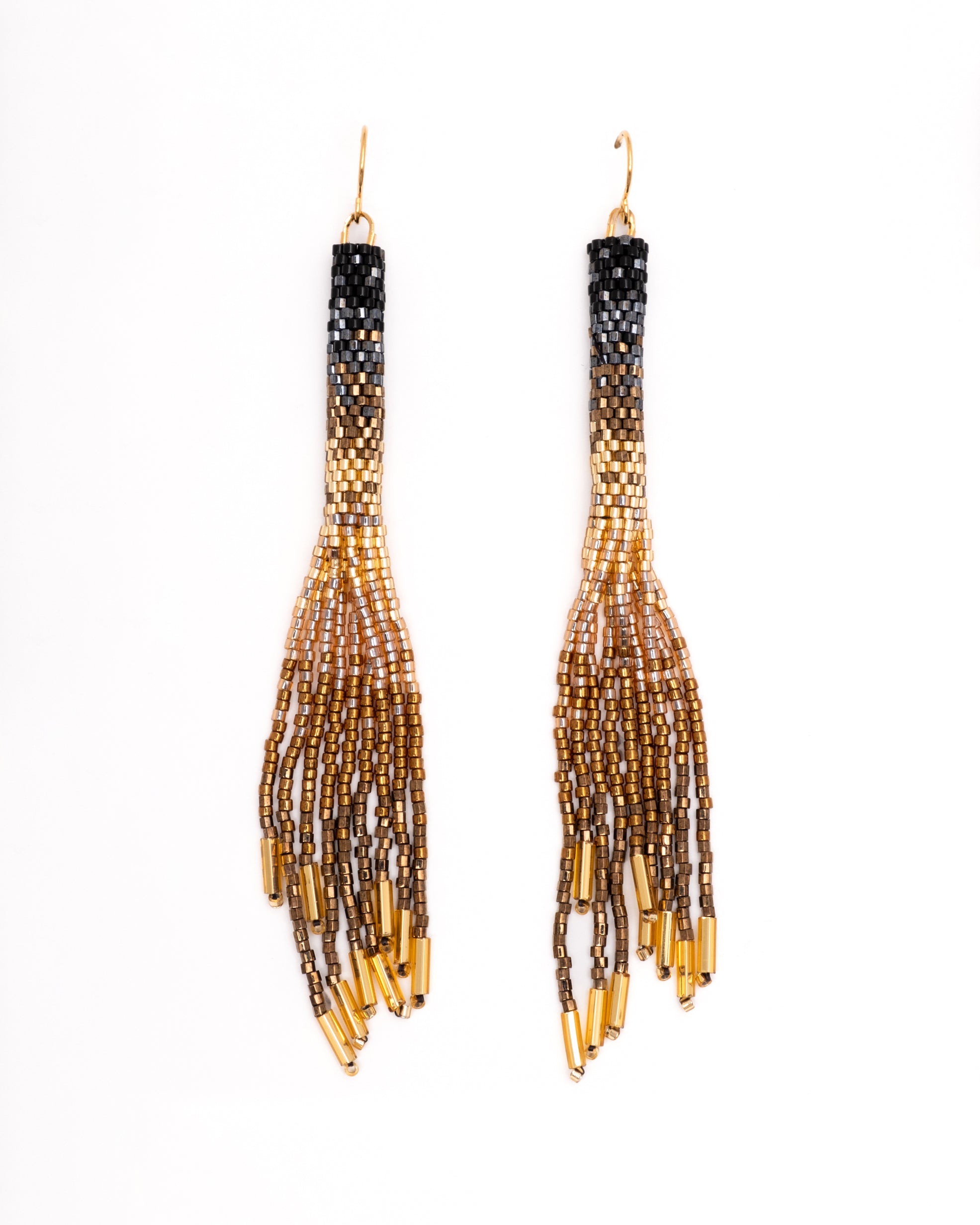Handwoven Beaded Ombre Tassel Earrings - Black