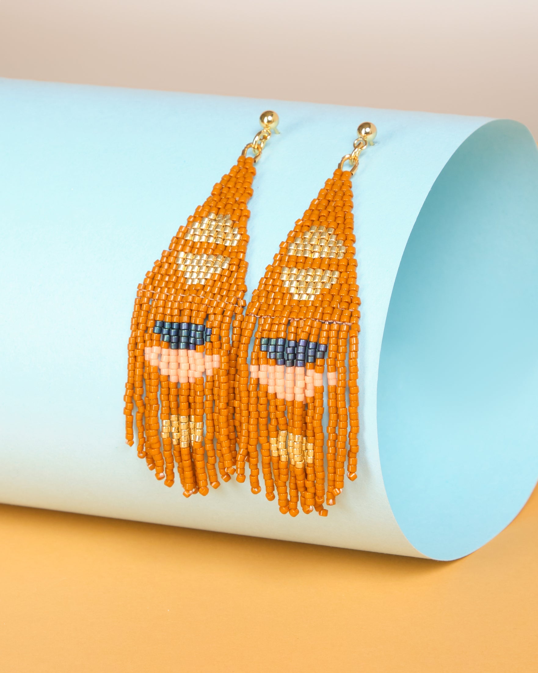 Beaded Handwoven Boho Half Moon Fringe Earrings - Ochre
