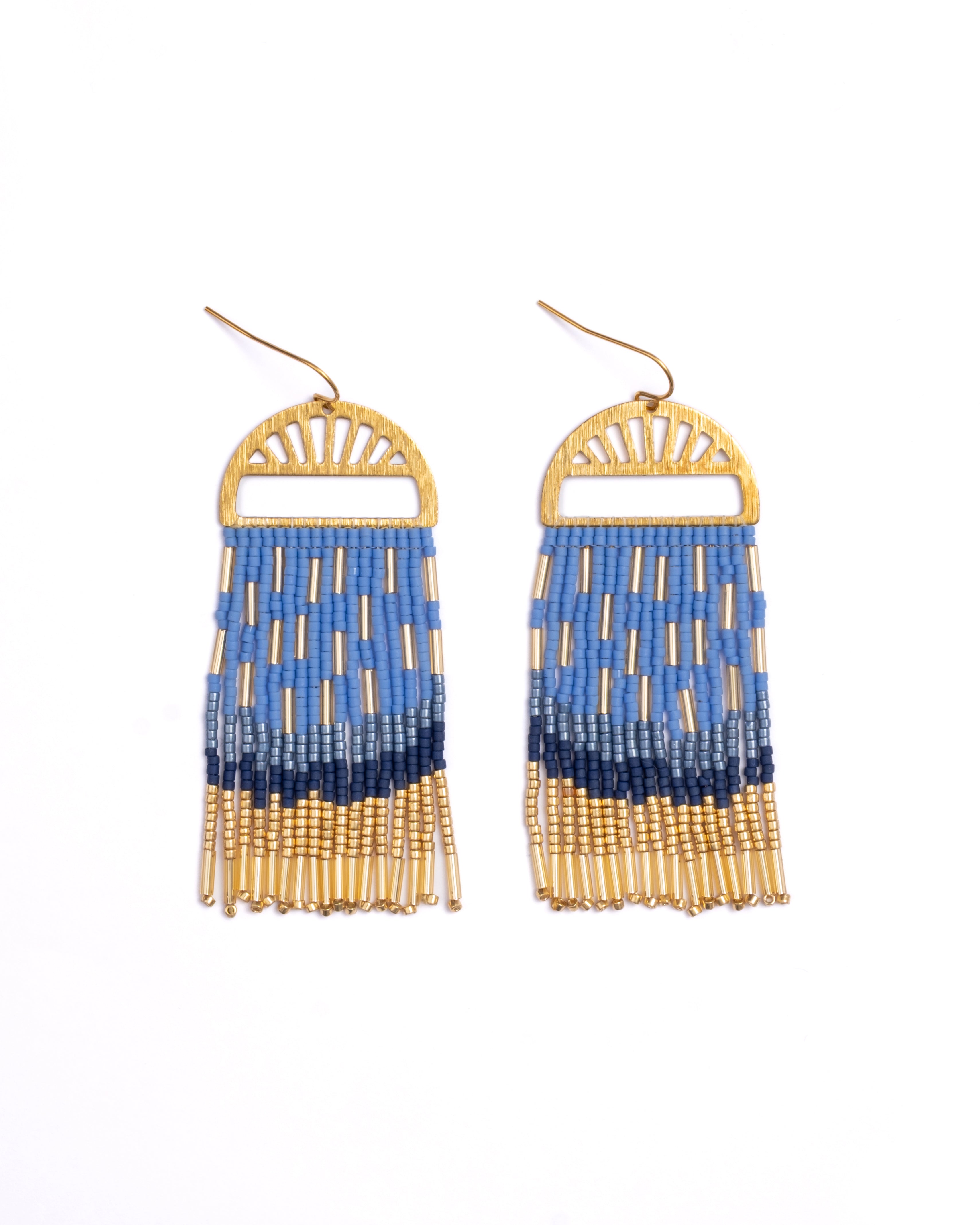 Beaded Handwoven Sprinkle Fringe Earrings - Blue
