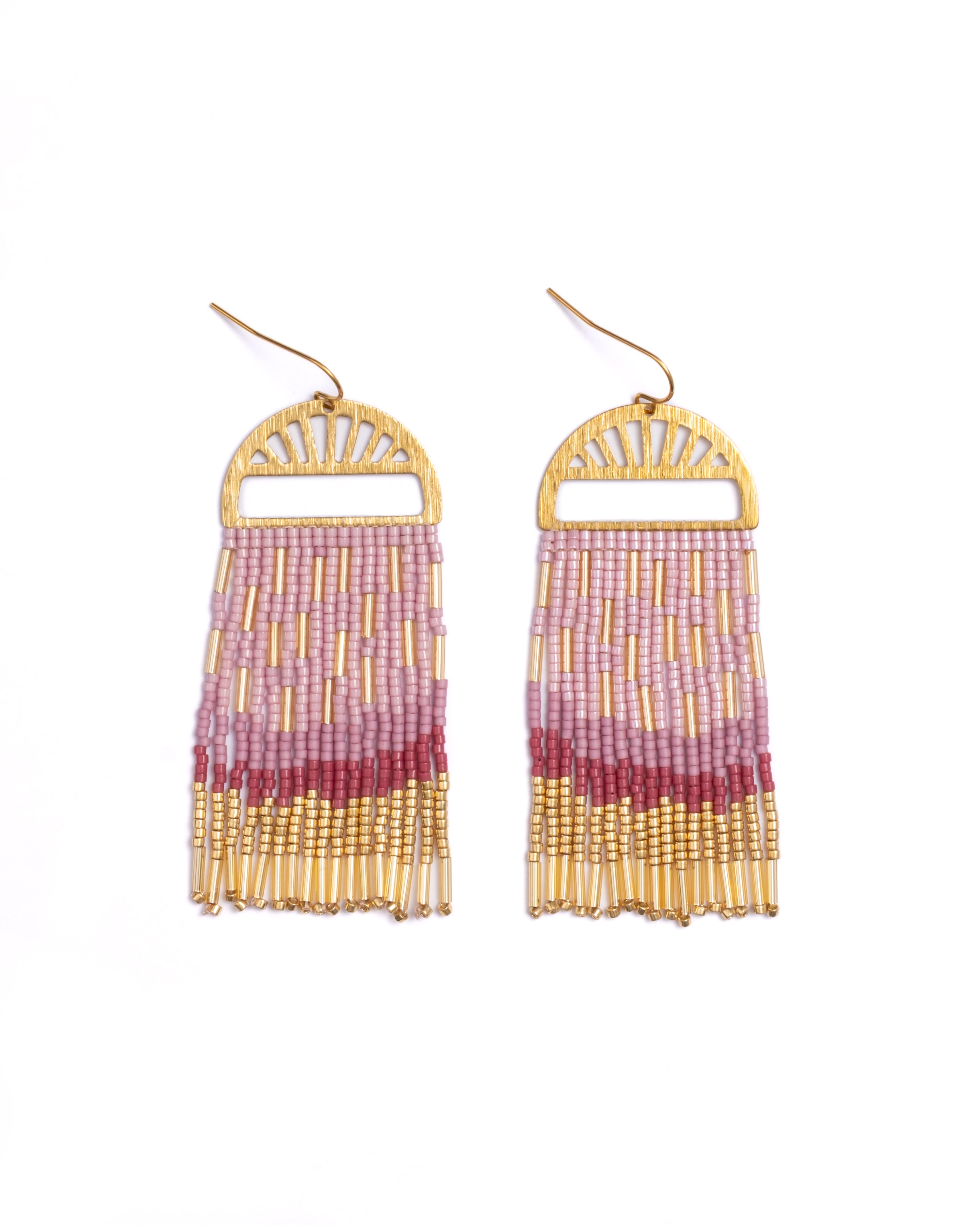 Beaded Handwoven Sprinkle Fringe Earrings - Pink