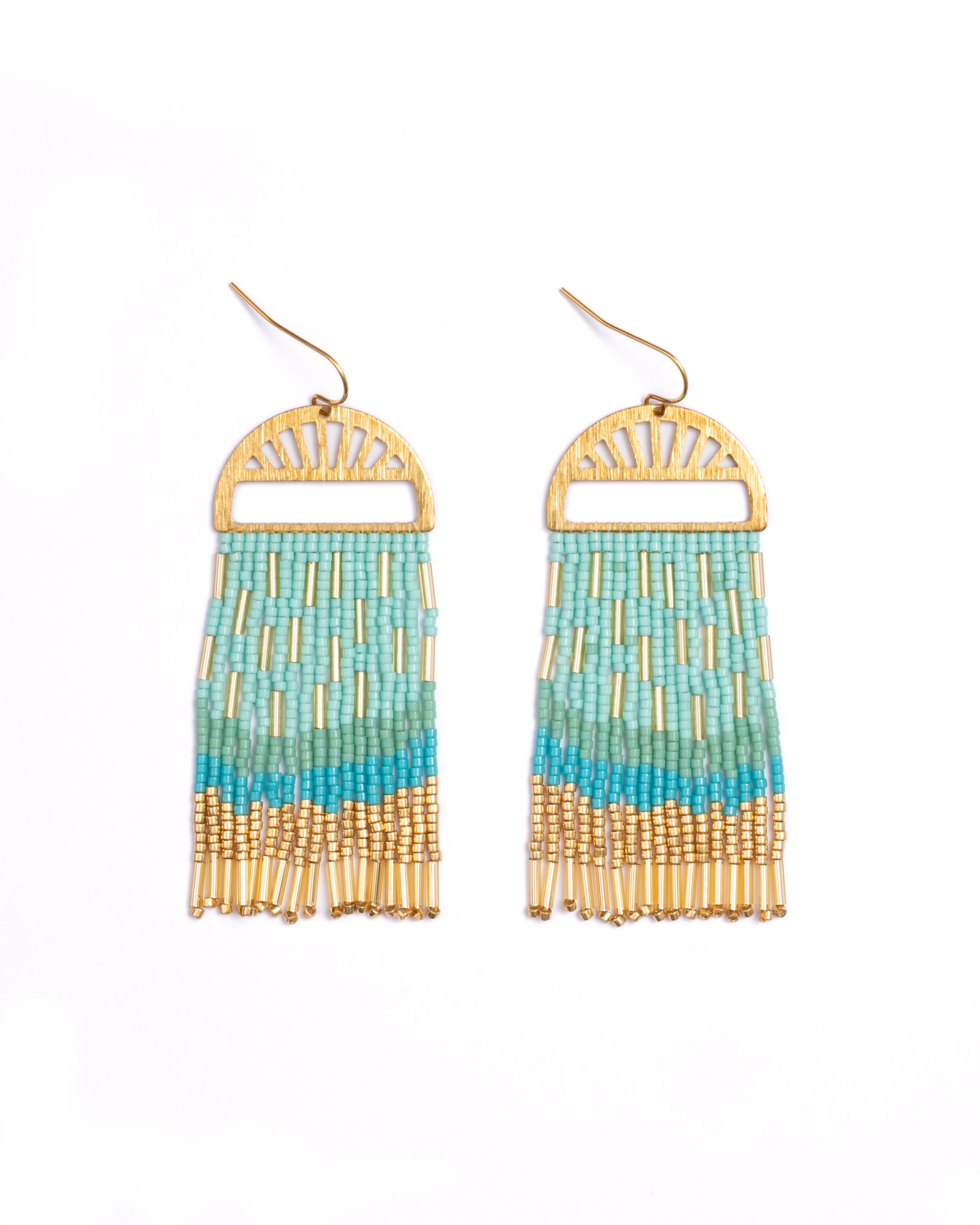 Beaded Handwoven Sprinkle Fringe Earrings - Aqua