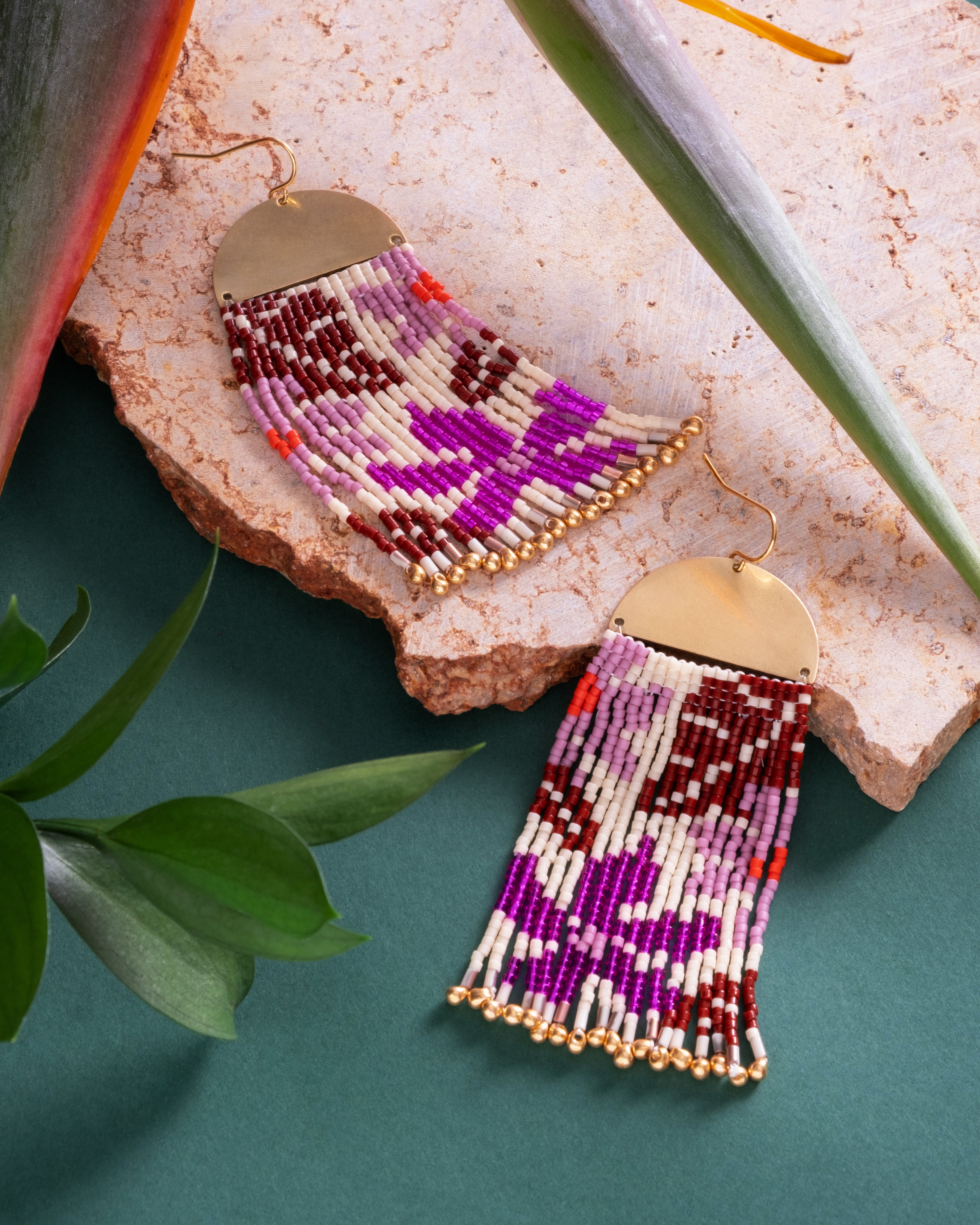 Beaded Handwoven Tropical Fringe Earrings - Wine/Magenta