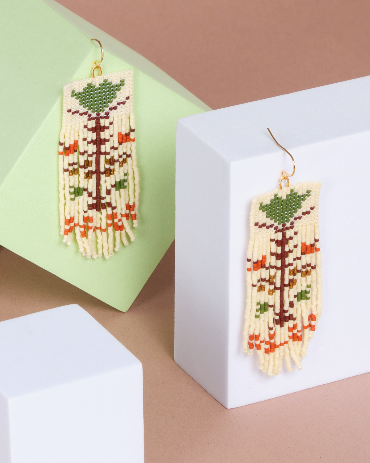 Beaded Handwoven Vintage Flower Fringe Earrings - Cream/Green
