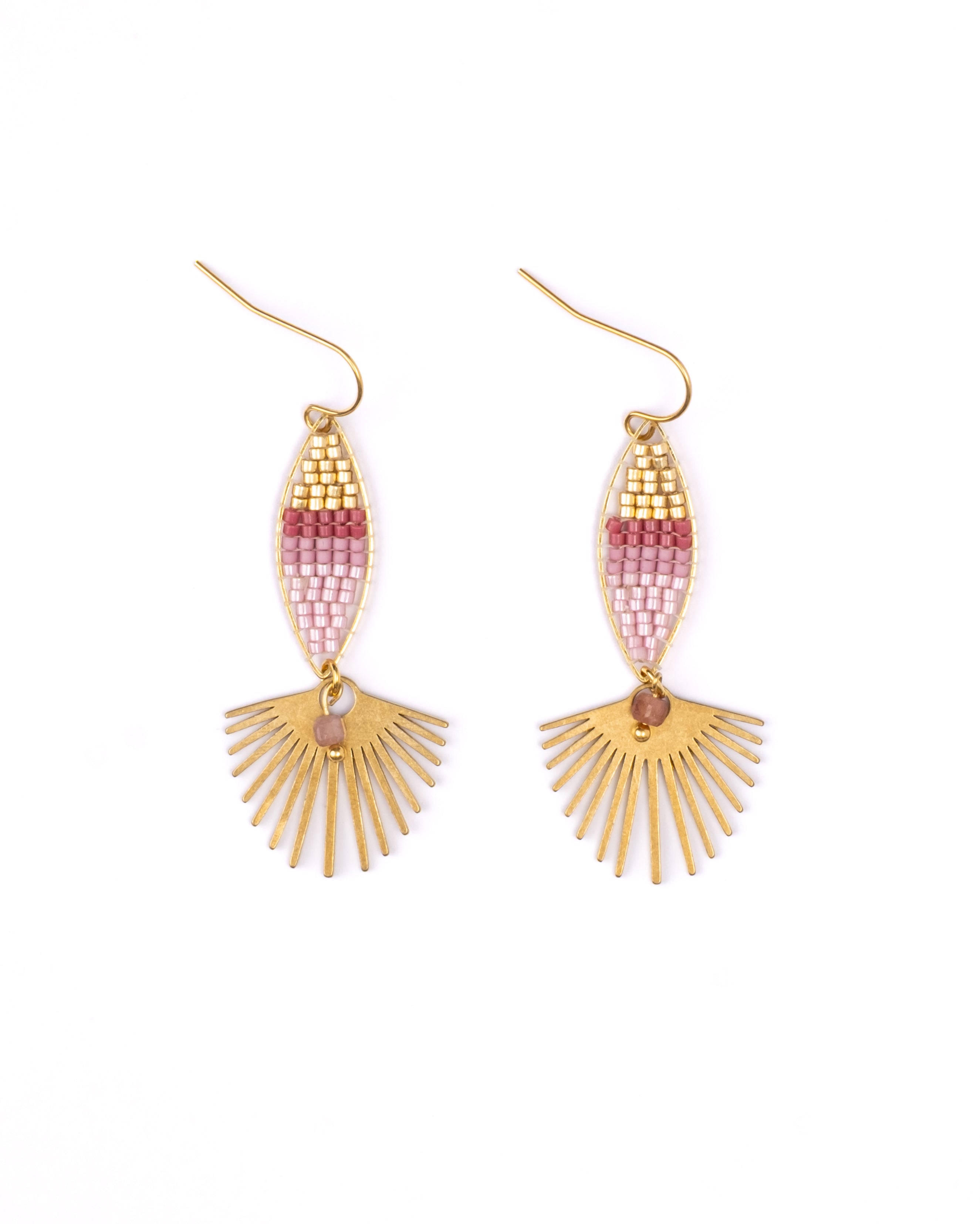 Beaded Handwoven Cotton Candy Dangle Earrings - Pink