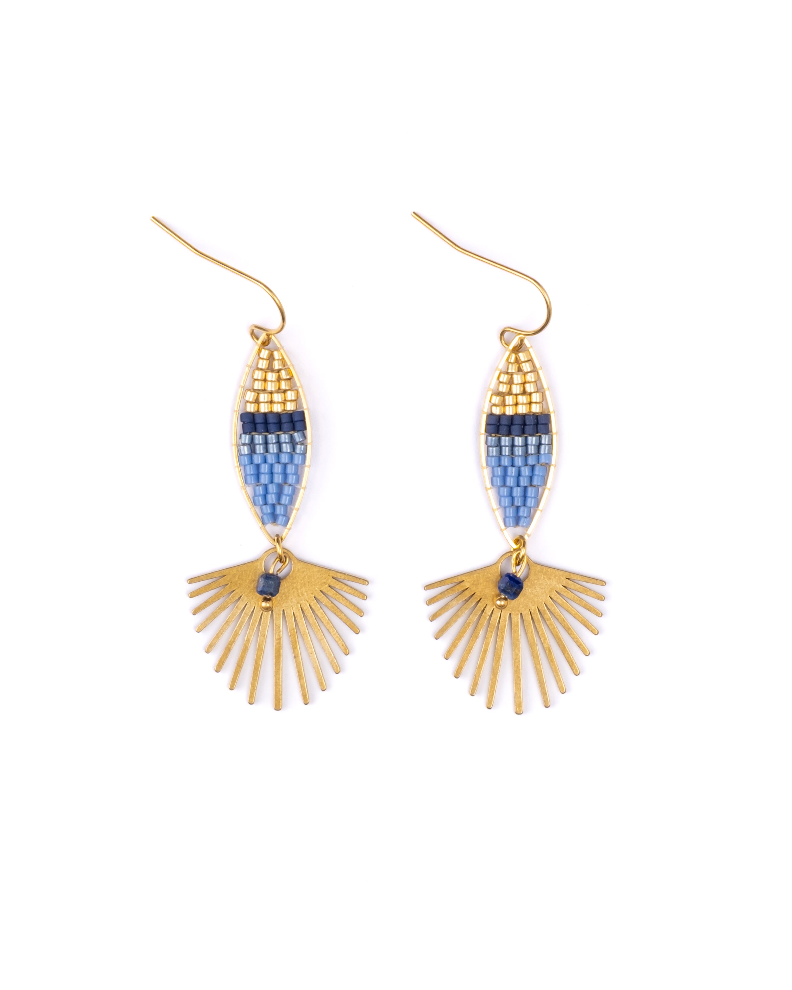 Beaded Handwoven Cotton Candy Dangle Earrings - Blue