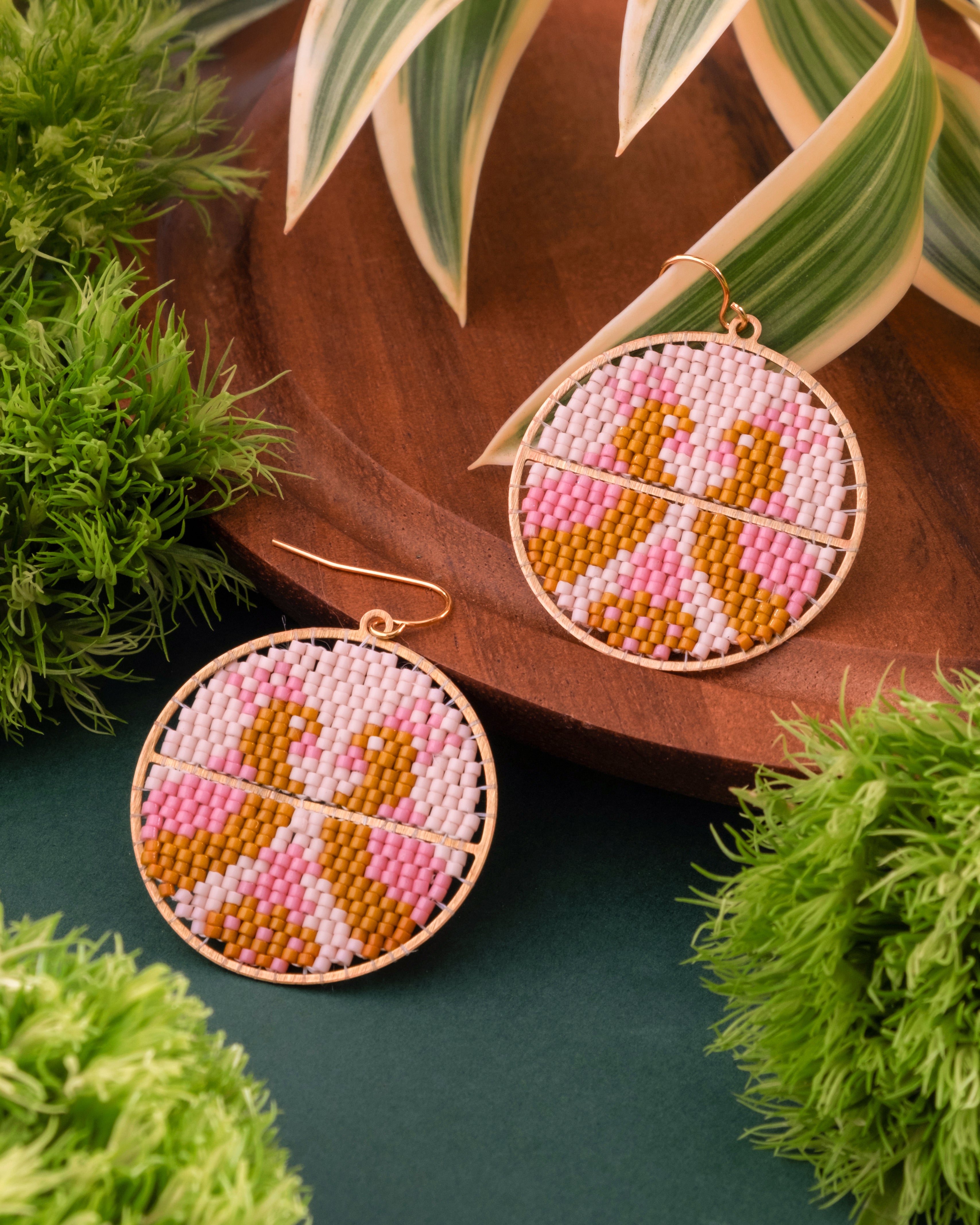 Beaded Handwoven Twin Bird Earrings - Pink/Mustard