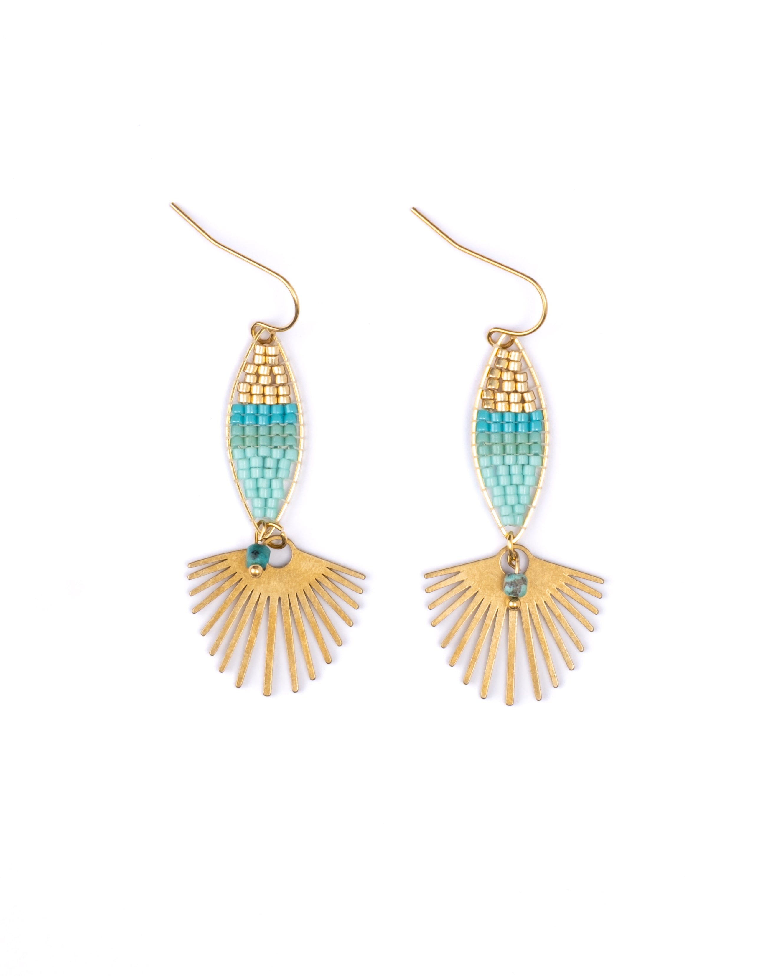 Beaded Handwoven Cotton Candy Dangle Earrings - Aqua