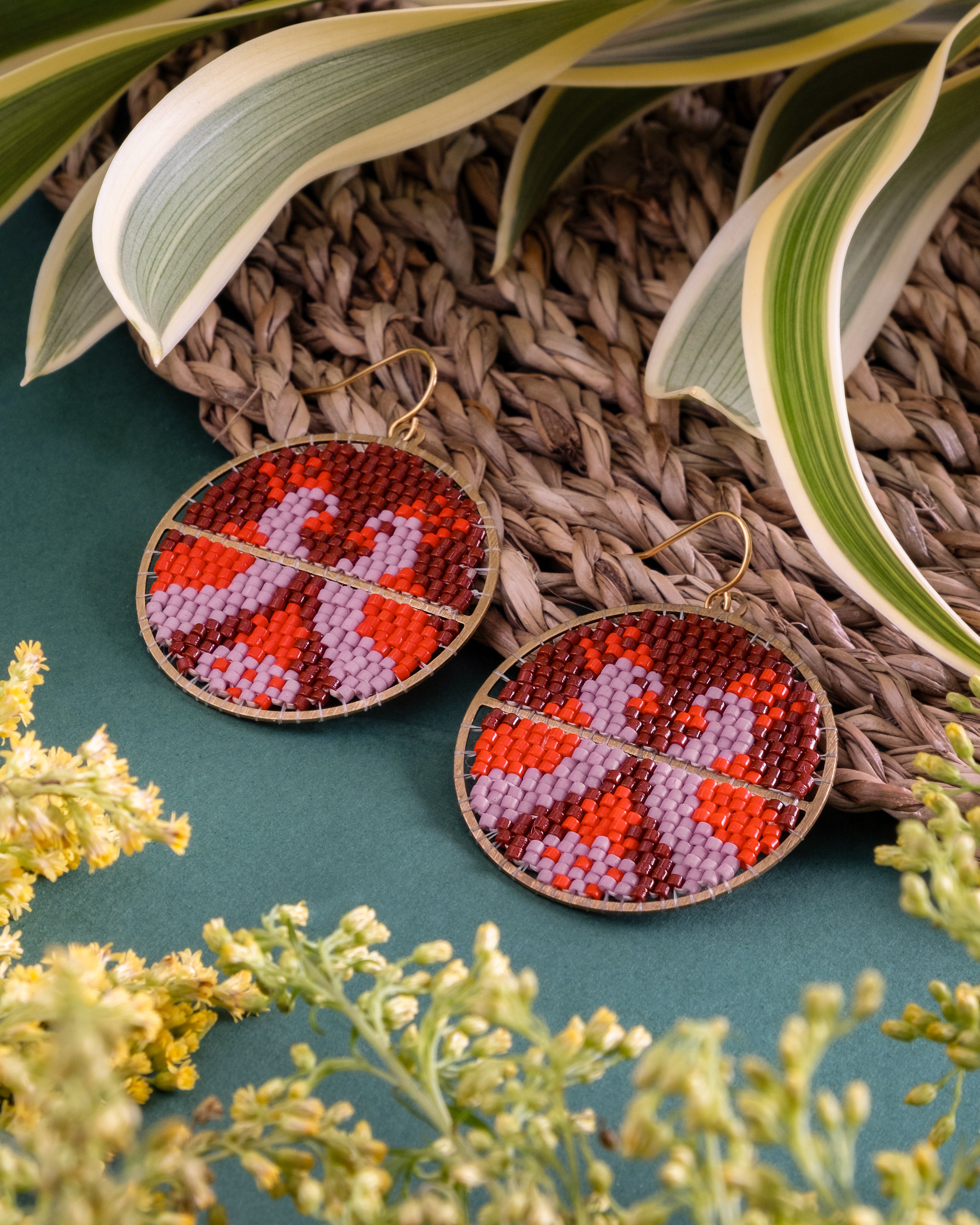Beaded Handwoven Twin Bird Earrings - Wine/Lilac