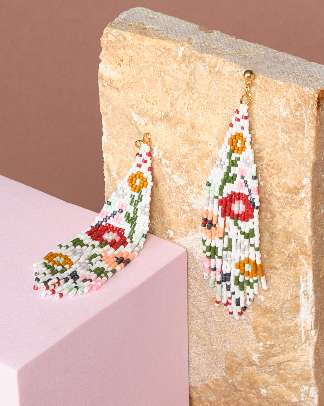Beaded Handwoven Wildflower Fringe Earrings - White