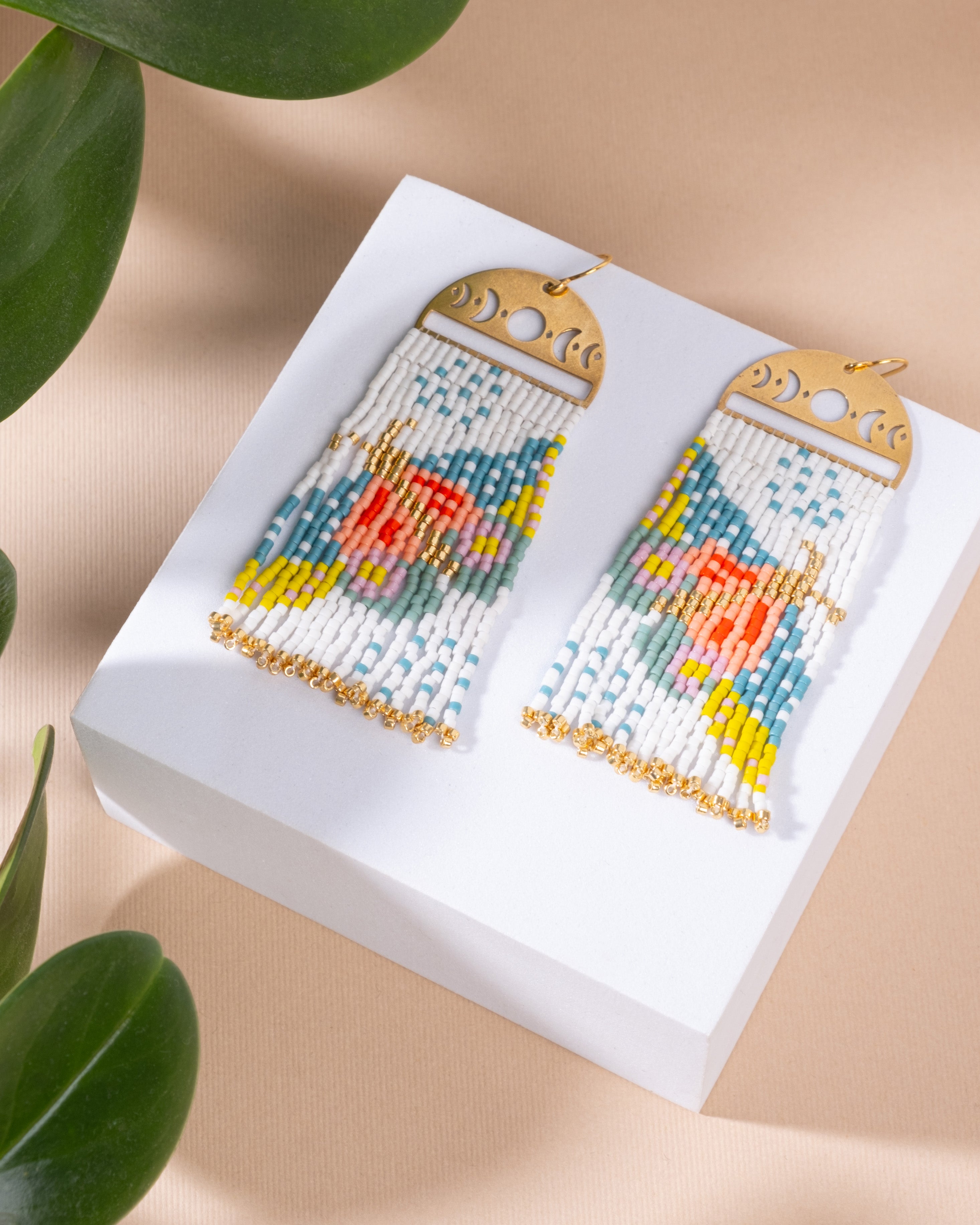 Handwoven Beaded Moonlit Moth Fringe Earrings - White