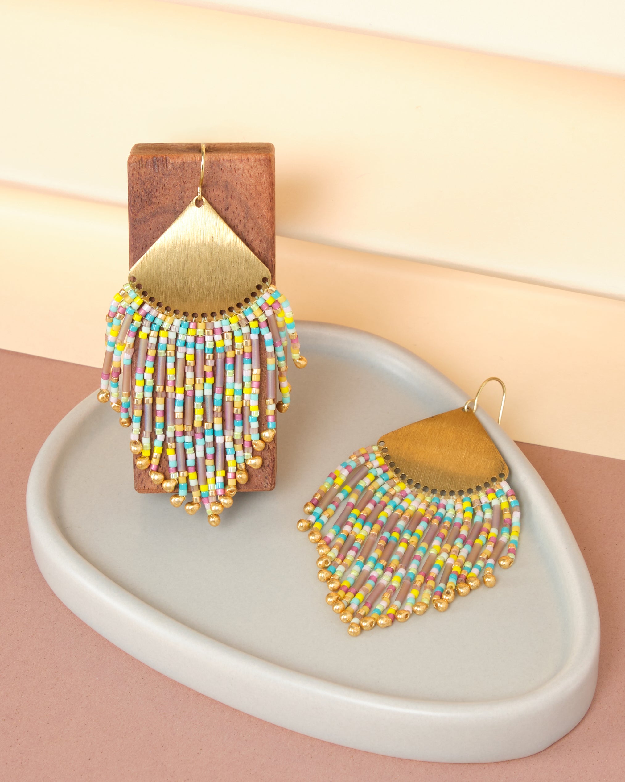Beaded Handwoven Confetti Fringe Earrings - Yellow/Aqua