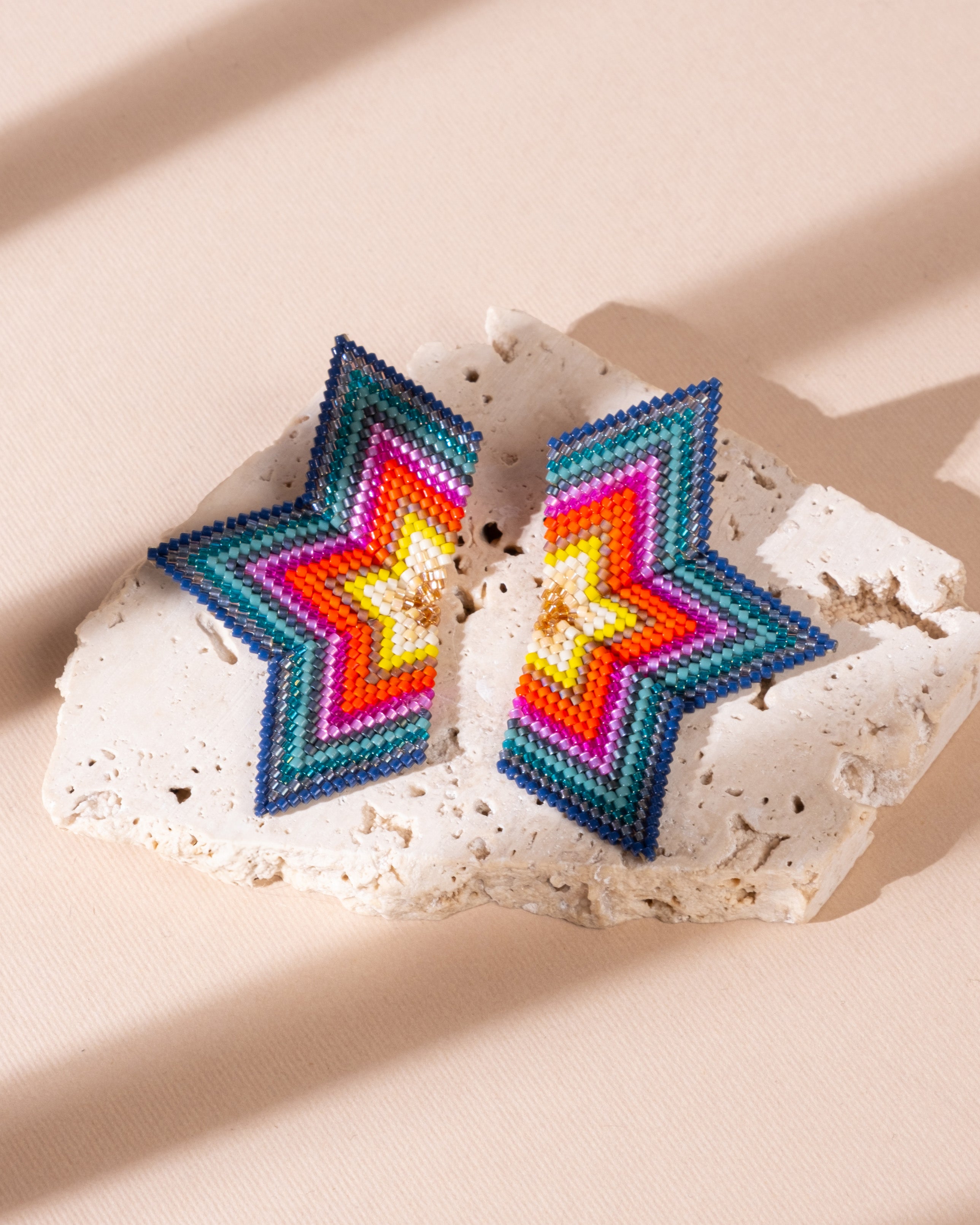 Beaded Handwoven Large Half Star Earrings - Emerald/Red