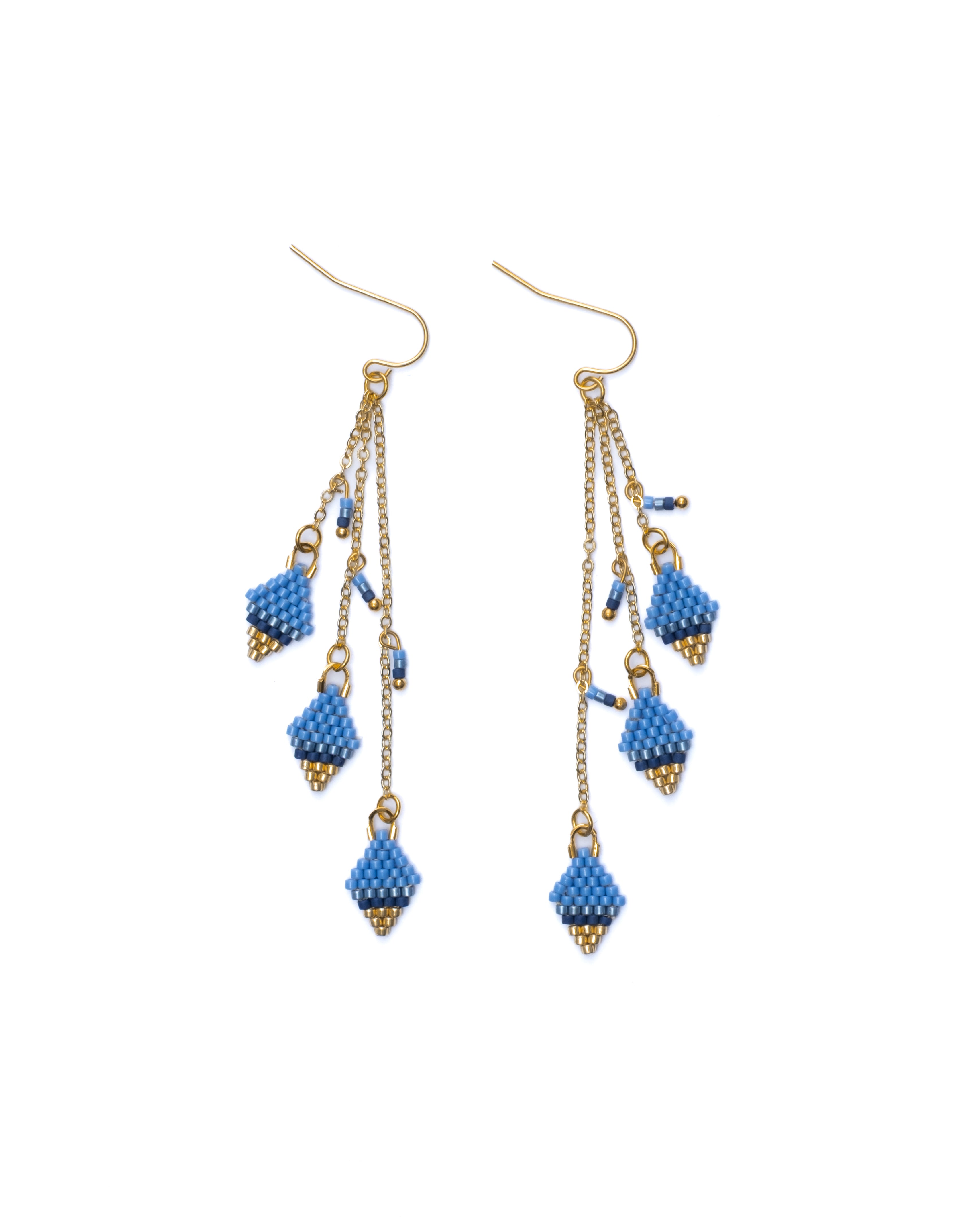 Beaded Handwoven Candy Gem and Chain Dangle Earrings - Blue
