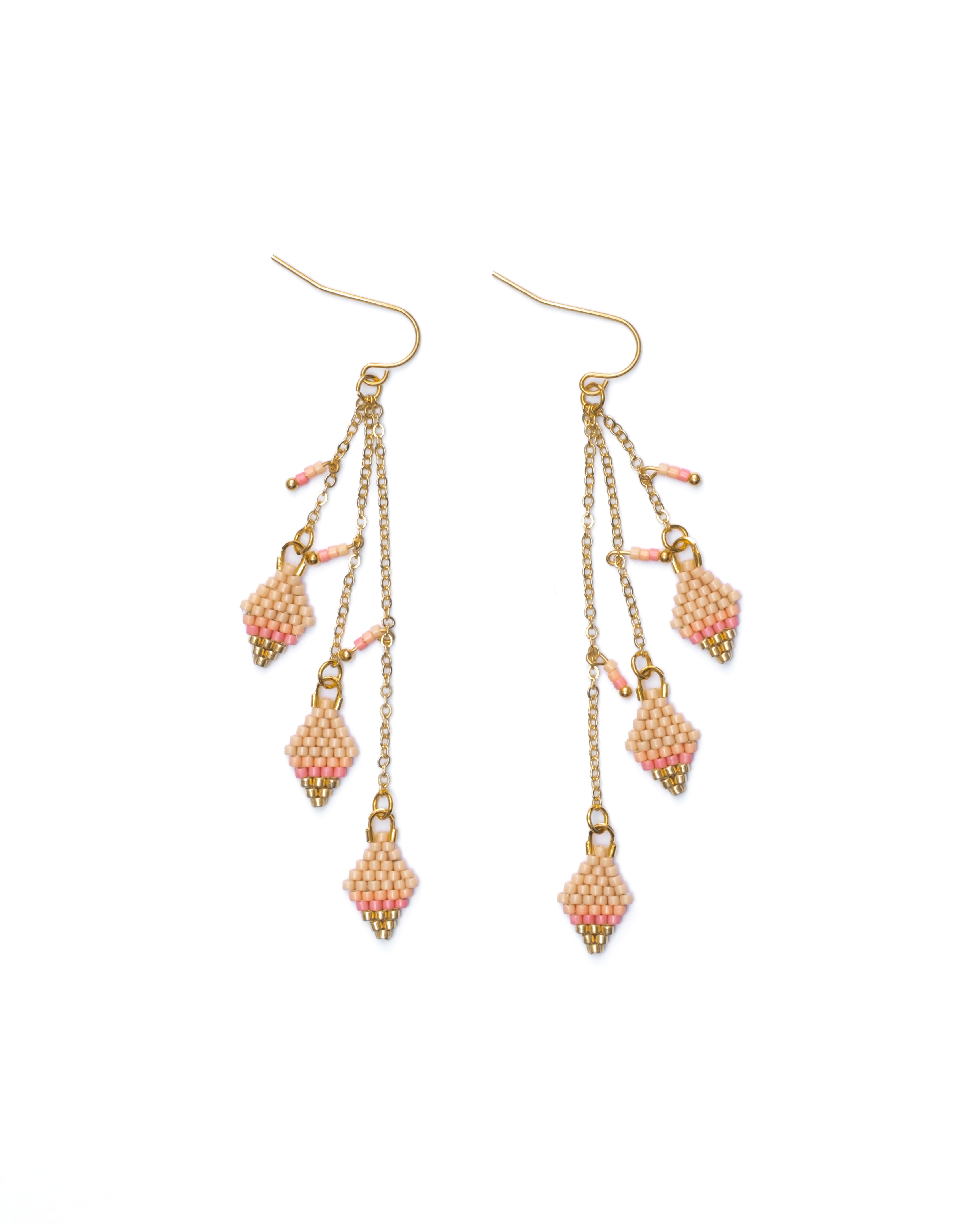 Beaded Handwoven Candy Gem and Chain Dangle Earrings - Peach