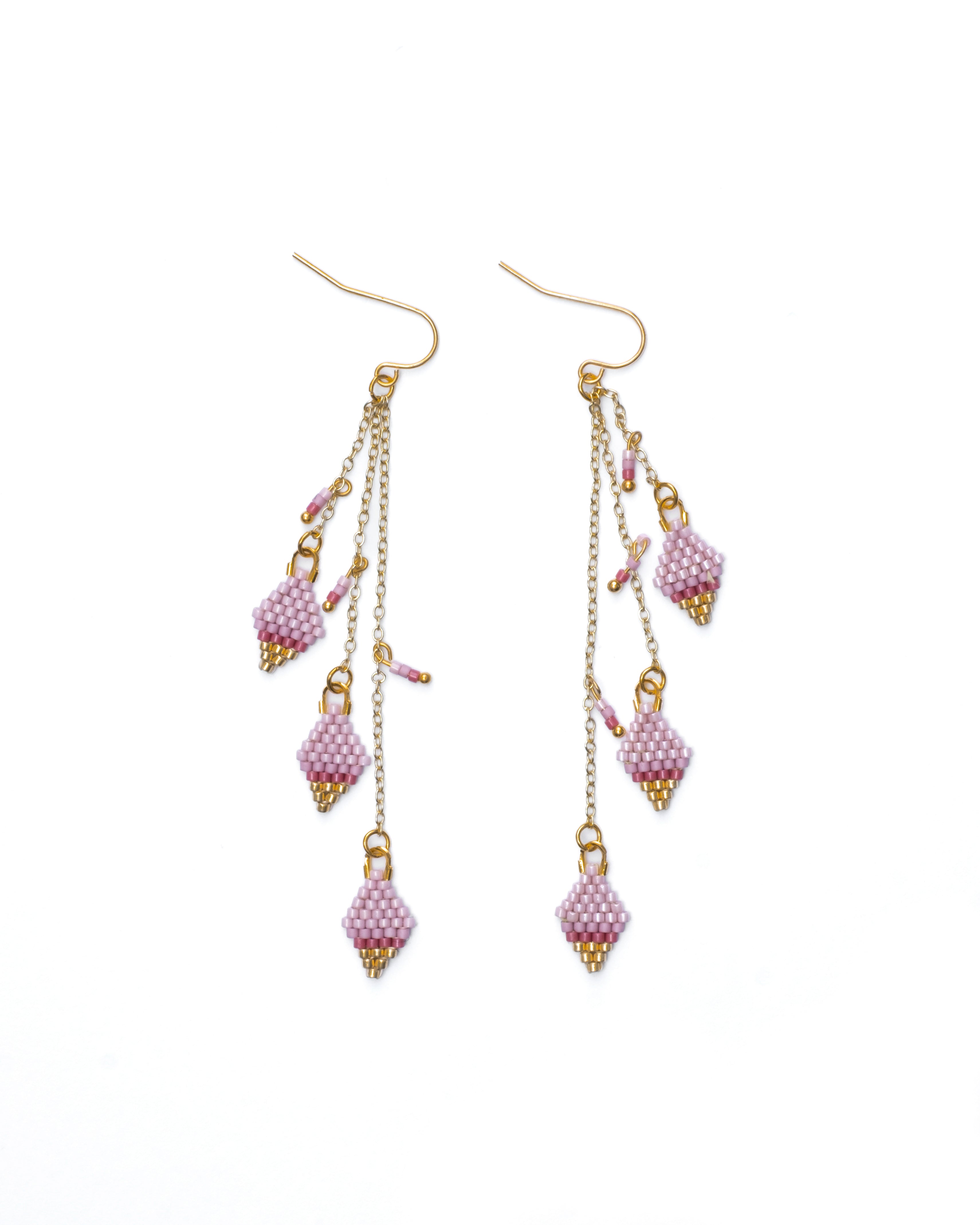 Beaded Handwoven Candy Gem and Chain Dangle Earrings - Pink