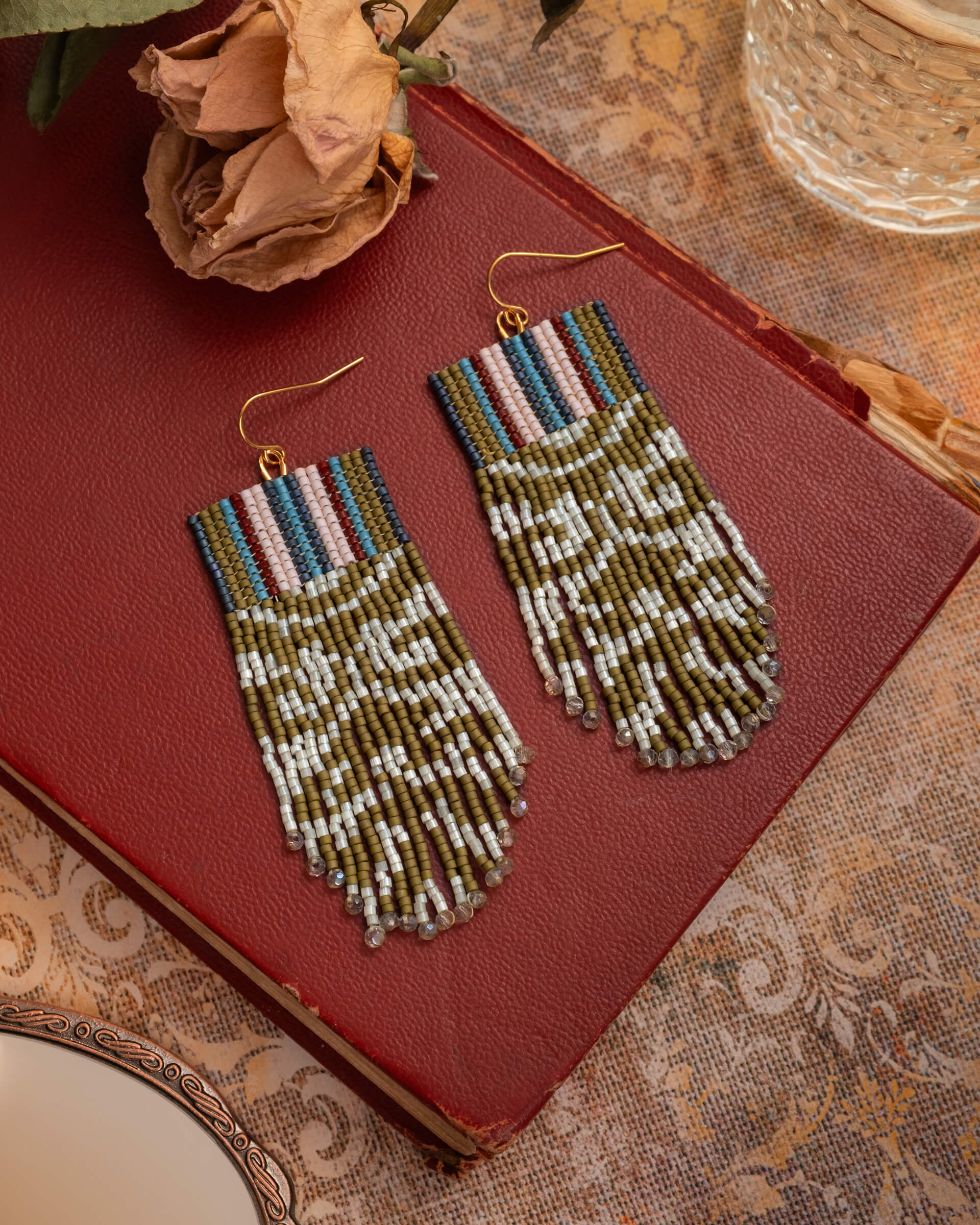 Beaded Handwoven Damask Fringe Earrings - Olive