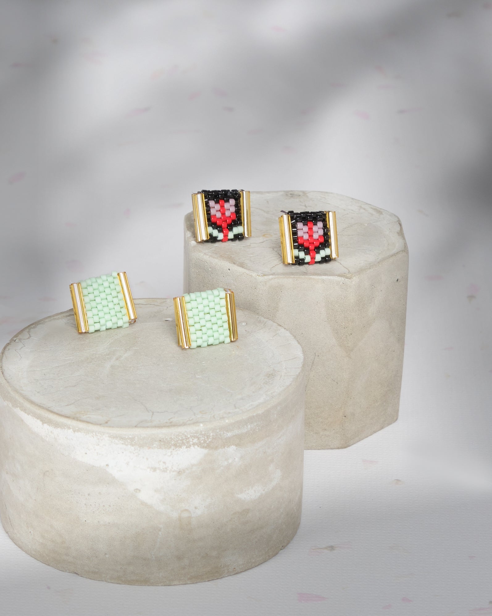 Beaded Handwoven Tulip Stud Packs - Black/Mint